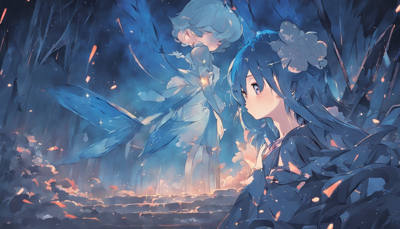 a blue fairy and pinocchio in the night
