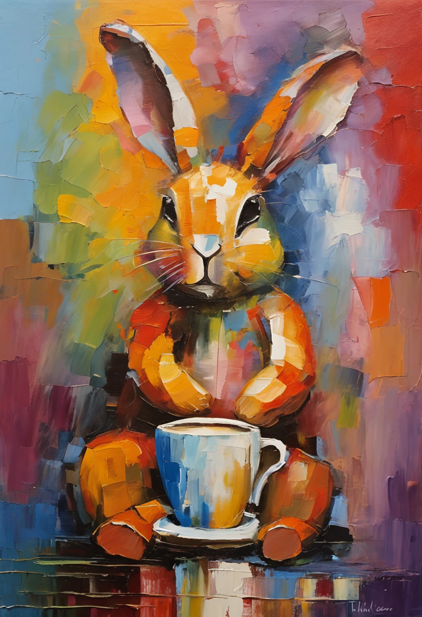 a humanoid rabbit drinking coffee at a coffee shop, art by [Leonid Afremov]