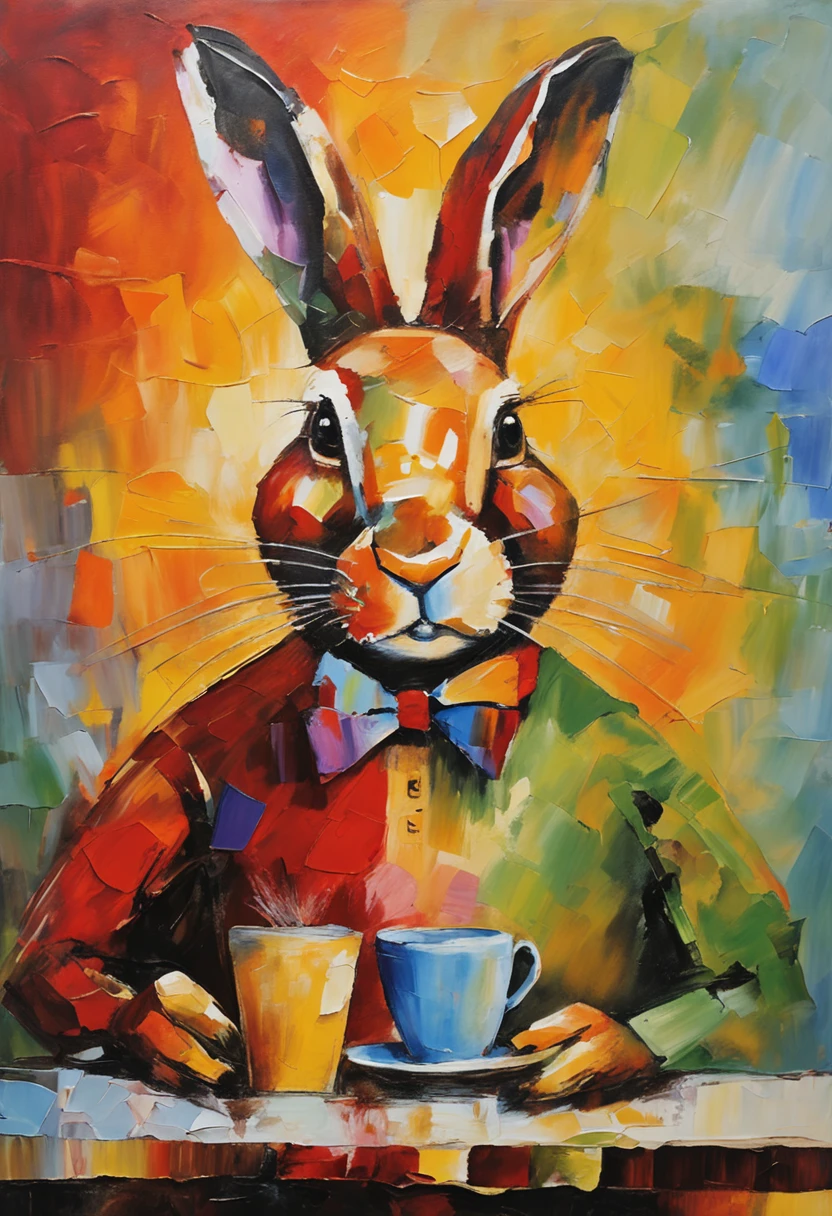 a humanoid rabbit drinking coffee at a coffee shop, art by [Leonid Afremov]