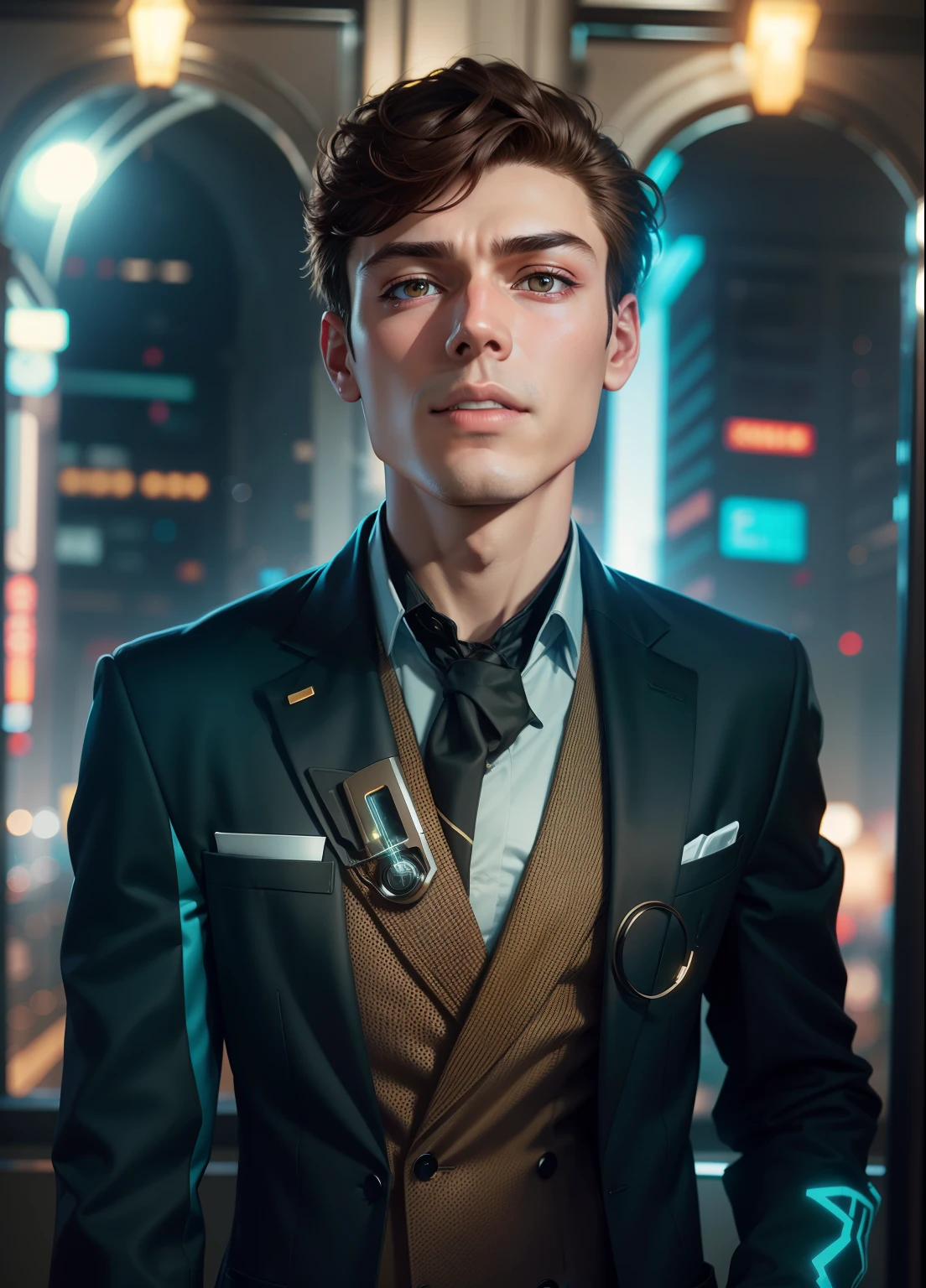 cyber punk style，Background bokeh。of a guy，dressed in a suit，It looks very delicate，brown  hair，The expression is cold,original face