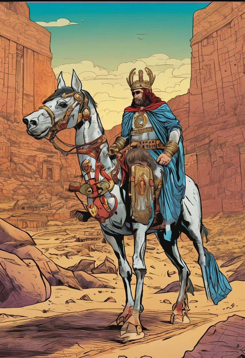 greece pegasus laptop, in a desert , wearing a crown , comic book illustration by jack kirby
