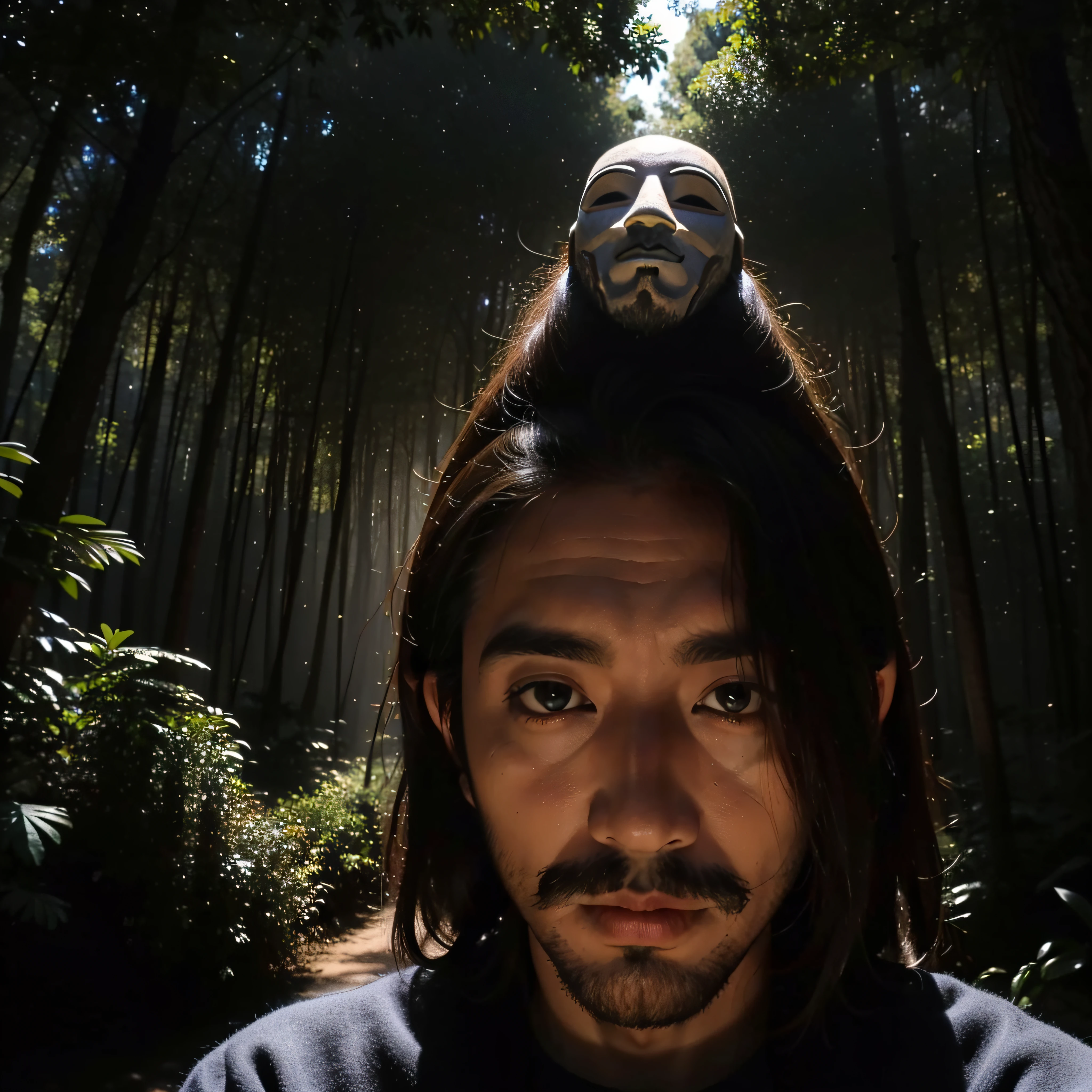 (extremadamente detallado, obra maestra, La mejor calidad, foto antigua, principios de siglo) giant man with a mask, colmillos, una linterna directa lo ilumina, bosque de noche. plano cercano. sangre por el suelo.