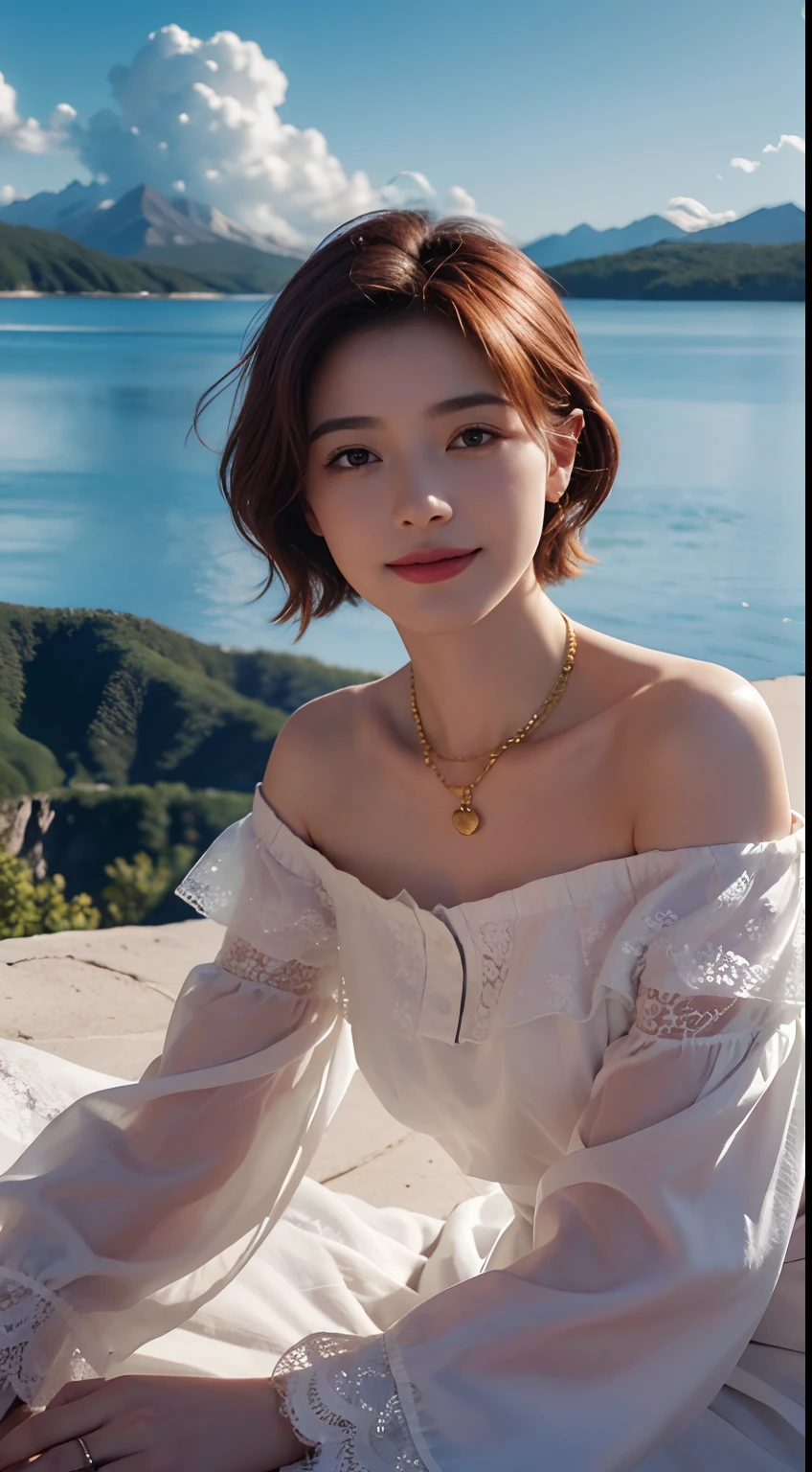 Realism, Surrealist painting, photorealistic realism, (very detailed 8k wallpapers), (extremely delicate and beautiful), (masterpiece), (best quality: 1.5), (ultra resolution: 1.3), detailed skin, ultra-detailed, (short wave hair:1.2), smile, red_hair, breeze, diamond_necklace, full_body, white_off_the_shoulder_shirt_ with_bobo_sleeves, gold_lace, (mountain_top: 1.6), (colorful_clouds), realistic shadows,