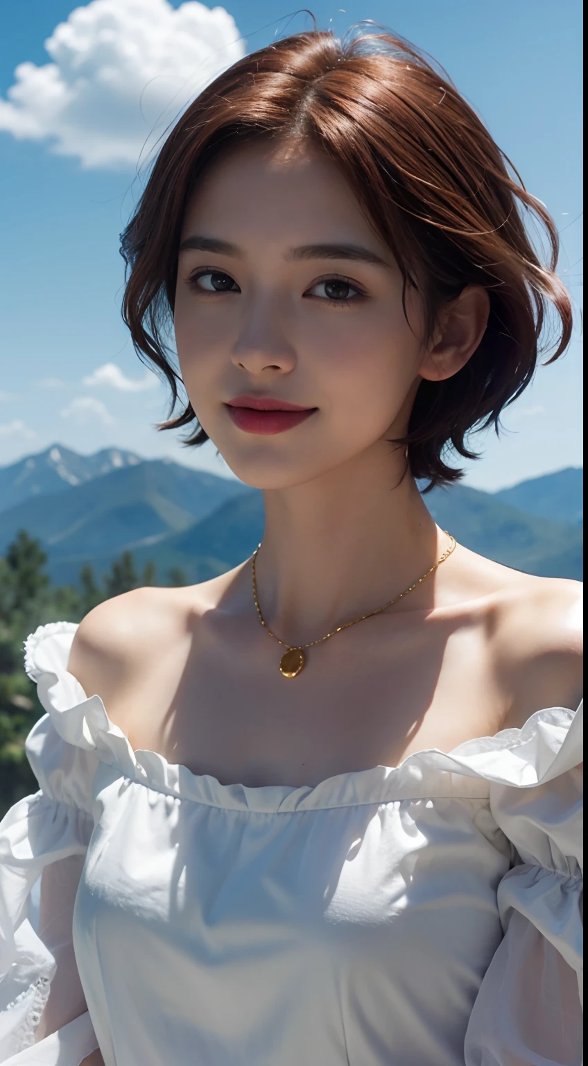 Realism, Surrealist painting, photorealistic realism, (very detailed 8k wallpapers), (extremely delicate and beautiful), (masterpiece), (best quality: 1.5), (ultra resolution: 1.3), detailed skin, ultra-detailed, (short wave hair:1.2), smile, red_hair, breeze, diamond_necklace, full_body, white_off_the_shoulder_shirt_ with_bobo_sleeves, gold_lace, (mountain_top: 1.6), (colorful_clouds), realistic shadows,