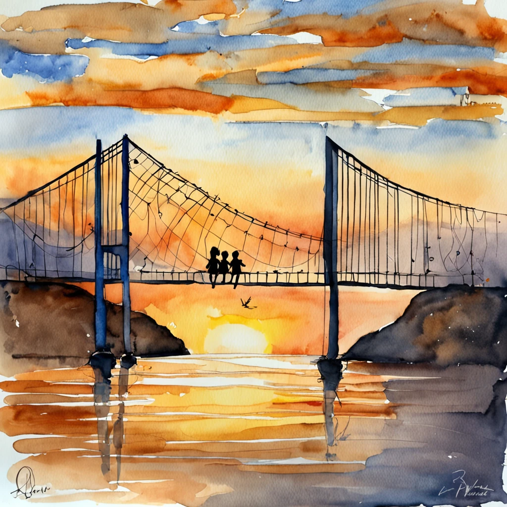 Suspension bridge with the sea in the background, Two children riding a slide on a suspension bridge. happiness. Close-up of children. ​masterpiece, Highest quality, MovieSteel, Brightness, happiness, Warm soft lighting, sunset, (sparks:0.7)