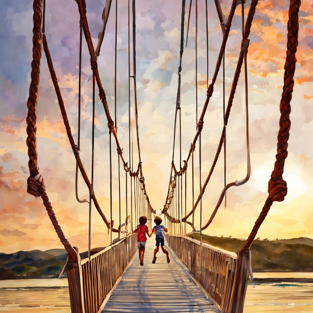 Suspension bridge with the sea in the background, Two children riding a slide on a suspension bridge. happiness. Close-up of children. masterpiece, Highest quality, MovieSteel, Brightness, happiness, Warm soft lighting, sunset, (sparks:0.7)