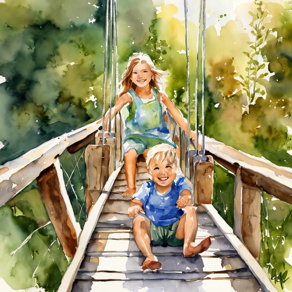 Suspension bridge with the sea in the background, Two children riding a slide on a suspension bridge. happiness. Close-up of children. masterpiece, Highest quality, MovieSteel, Brightness, happiness, Warm soft lighting, sunset, (sparks:0.7)