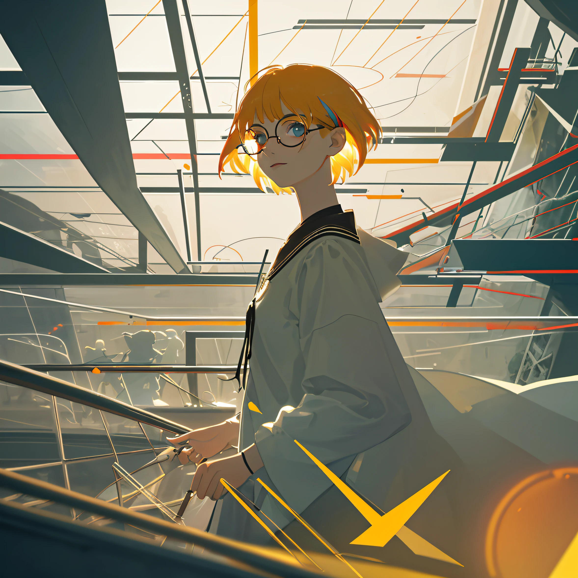 masterpiece, best quality, movie still, 1girl, short hair, tall ,Wear glasses, Romantic (close-up:1.1), bright, happy, fun, soft lighting, (Bauhaus, shapes, lines, abstract:1.1)