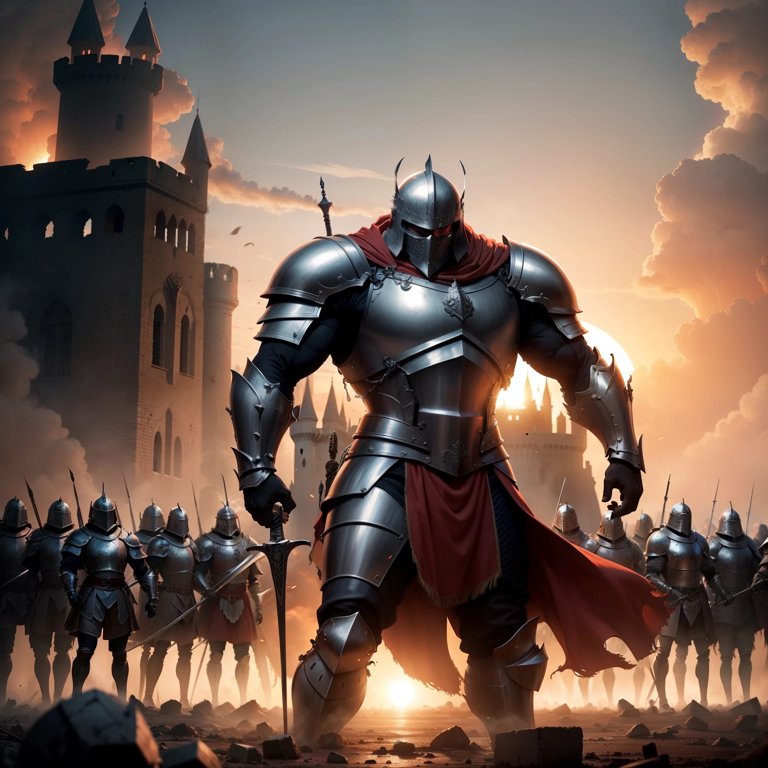 A brave muscular knight in full armor faces an army of invaders in the middle of a destroyed backdrop of a burning medieval castle. The knight's sword shines under the setting sun
