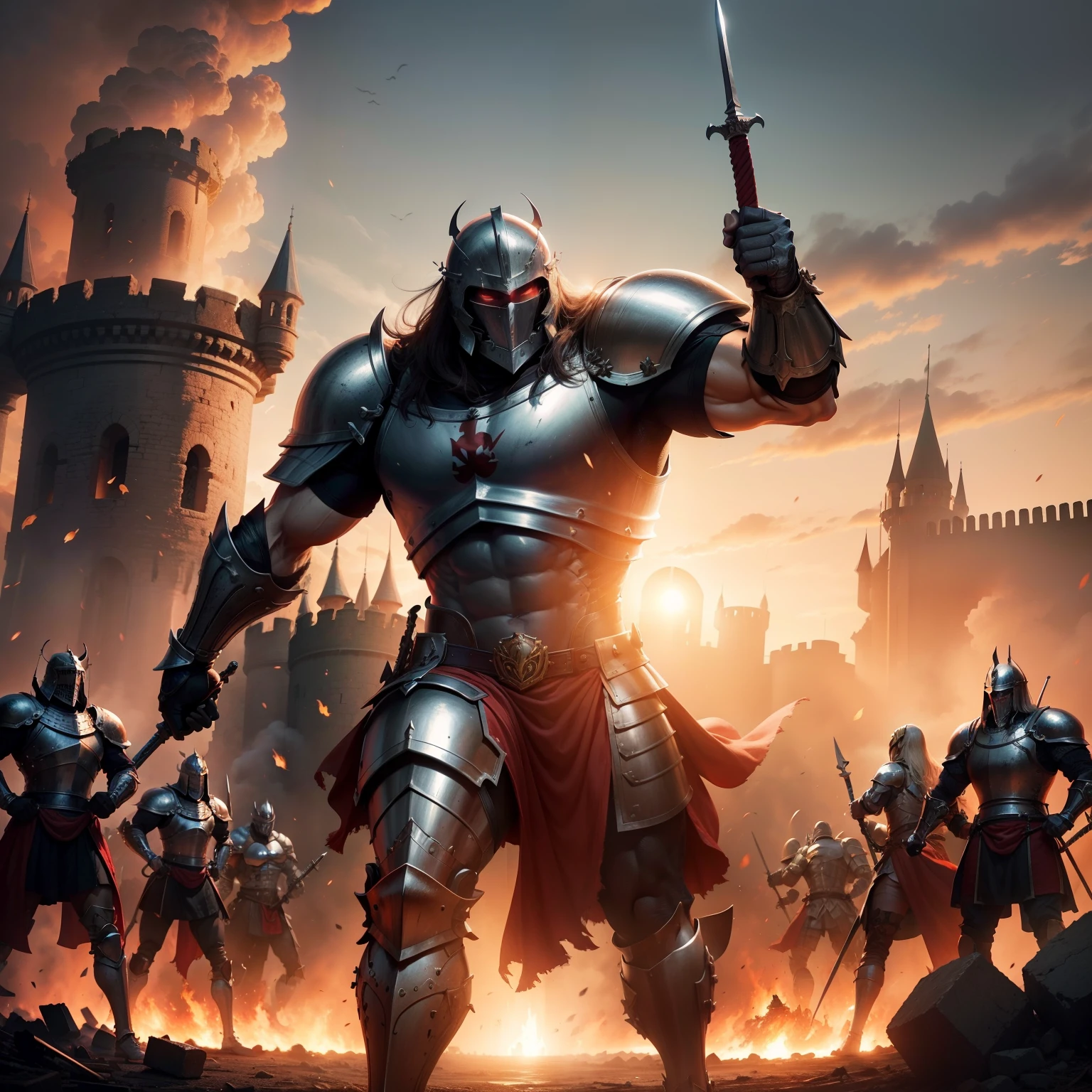 A brave muscular knight in full armor faces an army of invaders in the middle of a destroyed backdrop of a burning medieval castle. The knight's sword shines under the setting sun