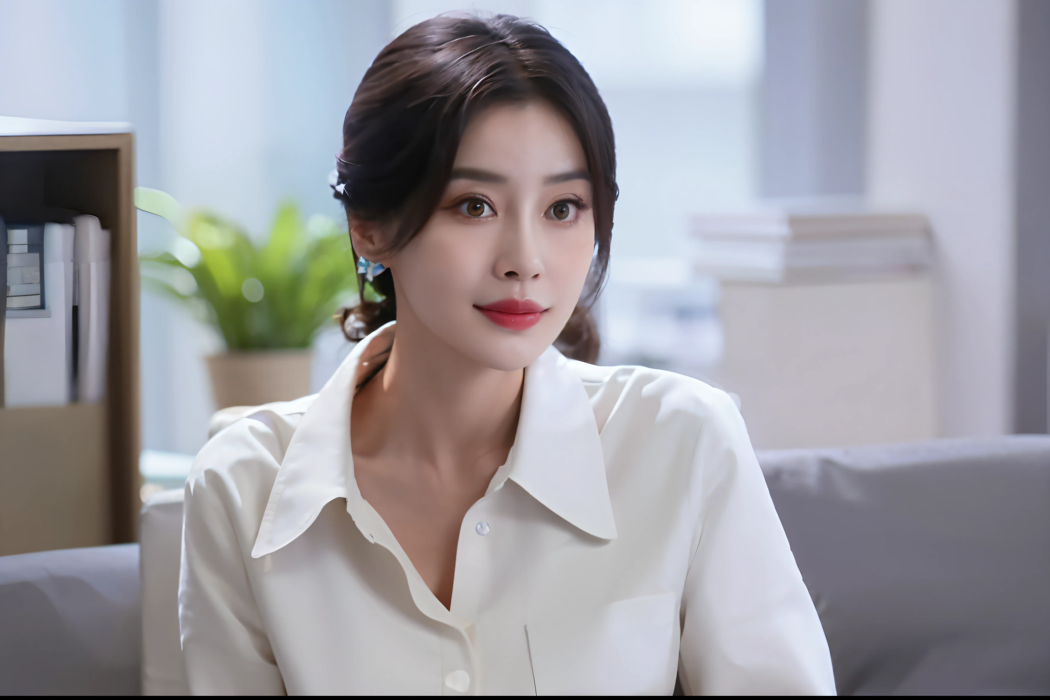 Close-up of a woman sitting at her desk holding a laptop, shaxi, Li Zixin, Yun Ling, dilraba dilmurat, Cai Xukun, she has a cute expressive face, Li Bingbing, Lu Ji, jia, xue han, female actress from korea, lulu chen, cute korean actress, wenfei ye, ruan jia beautiful!Pop out breast 2.8
