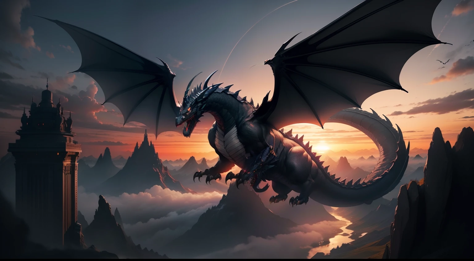 flying black wyvern with red eyes in the sky