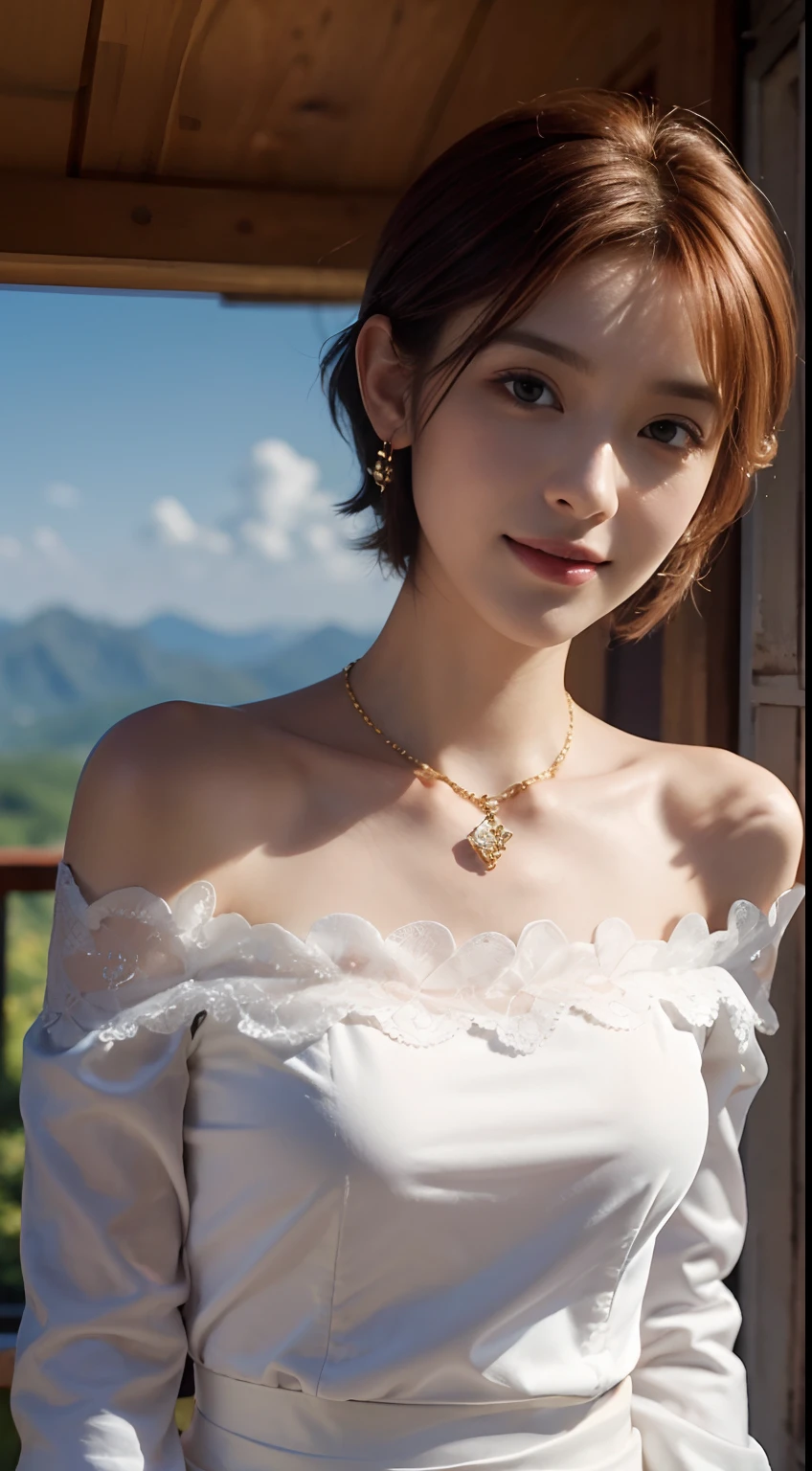 Realism, Surrealist painting, photorealistic realism, (very detailed 8k wallpapers), (extremely delicate and beautiful), (masterpiece), (best quality: 1.5), (ultra resolution: 1.3), detailed skin, ultra-detailed, (short wave hair:1.2), smile, red_hair, breeze, diamond_necklace, full_body, white_off_the_shoulder_shirt_ with_bobo_sleeves, gold_lace, (mountain_top: 1.6), (colorful_clouds), realistic shadows,