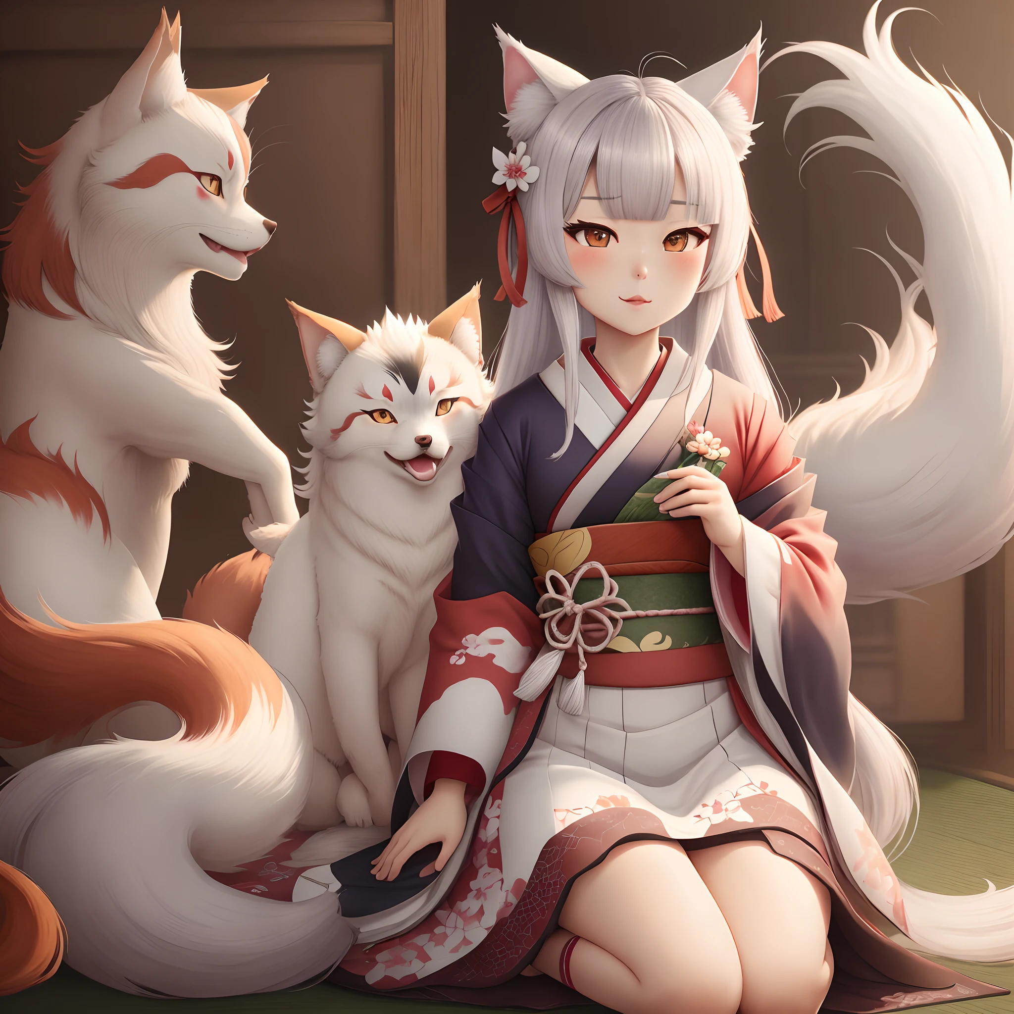 ((hires, solo trademark pose full length)), (short twin tail white color hair cute yellow eyes, white tshirt:1.5, paper talismans picking hands:1.5, long purple traditional hakama skirt:1.5, white stockings and black geta clogs legs, Japanese exorcist girl calling divine spell with dancing Japanese paper talismans) BREAK (hires, traditional Japanese fox mask:2.0, yin-yang circle:1.5, blue pentagram circle:1.5, seven fox-tails:1.5), Japanese night city outdoors
