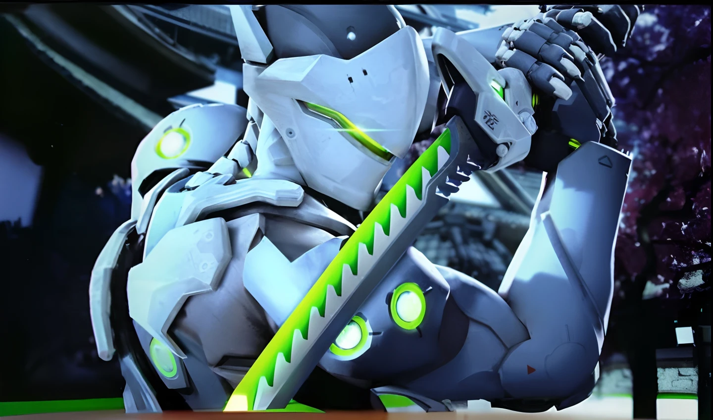 A closeup of a robot with a ping pong racket in hand, Genji, Genji de Overwatch, De Overwatch, holographic blade!, orisha, Overwatch, Neon scales and Cyborg Tech, Reinhardt de Overwatch, Armadura Infinity Blade, Barbatos Gundam, elegante armadura branca brilhante, em armadura futurista branca, glowing green soul blade, com armadura prateada elegante, rebatendo uma bola de energia, bola de energia roxa, em uma mesa de ping pong