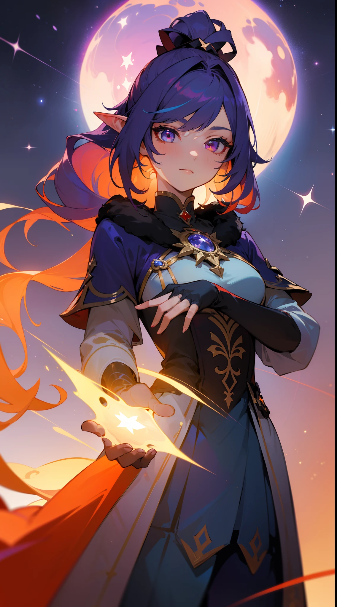 ((tmasterpiece)), (((beste-Qualit))), ((ultradetailed)), ((illustartion)), [The light effect of realism], eye shadow, (fantasy style), (whitebackground), Simple background, illustartion, 1 girl, conjures with both hands, Magic, sly look, Majestic view (multi-colored hair, Hair gradient, Hair color from blue to peach, without bangs, curly curl on the cheek, hairstyle: high ponytail, long tail), The eyes are crimson-red, Warm light, wide eyes, Lashes, side glance, Tanzanite, Glowing Hair, Fantasy clothing, black and red clothing, Decorations in the form of stars, Fur on clothes, Long gloves, Galaxy in the background, Additional lighting, Galactic haze, White Stars, Genshin Impact character, Genshin Impact, atmospheric, Smooth gradient, Bioluminescent stars in the sky, Lots of purple and orange, Complicated details, Rich in detail and color (The color of the rainbow), (glow, Ambiance Lighting), dreamy, elvish