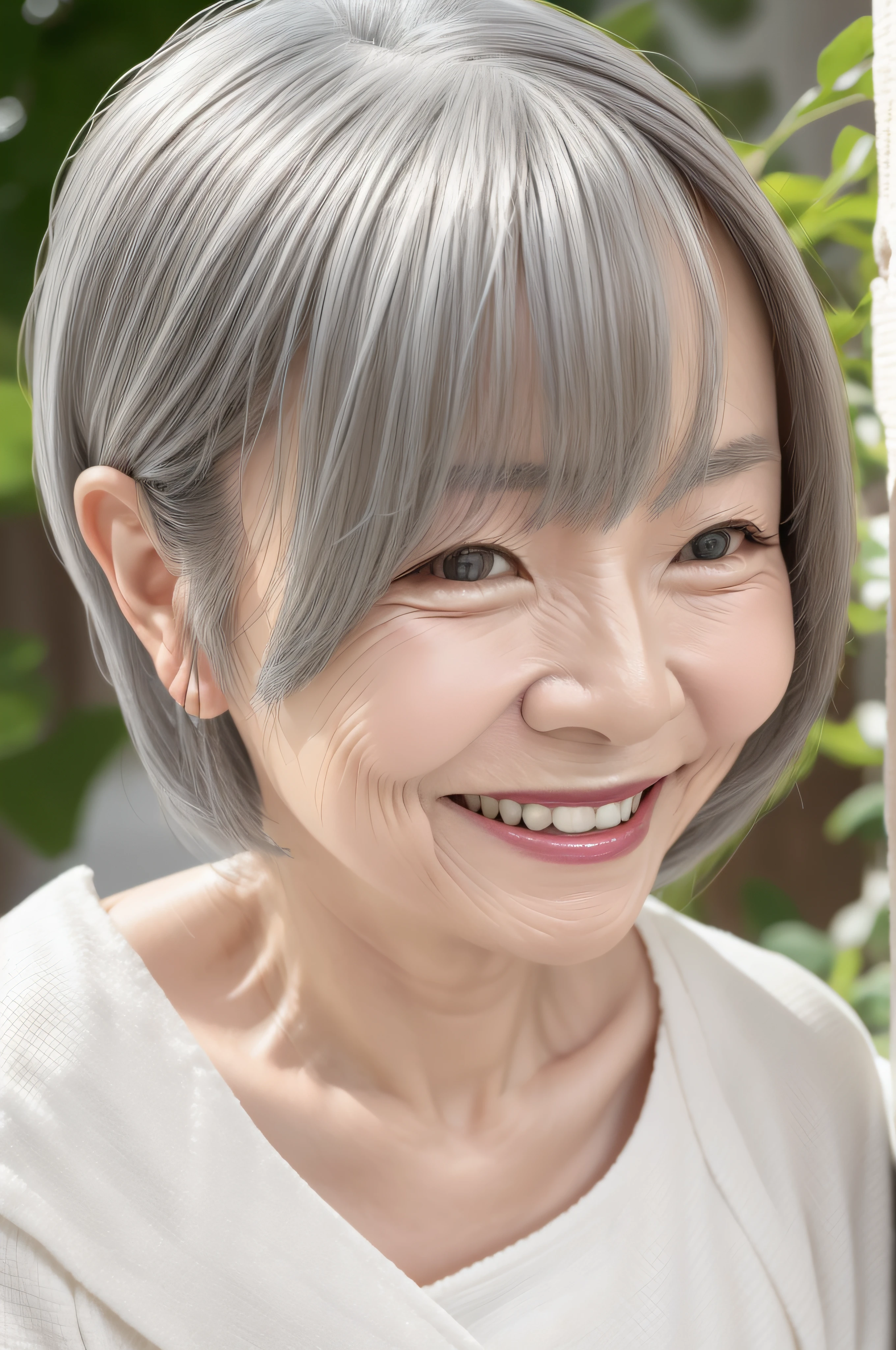 A Japanese Lady。soio。Beautiful gorgeous middle aged elderly model woman in her 80s with gray hair laughing and smiling。Close up portrait of mature old woman。The beauty of healthy facial skin care, Skin Care Cosmetics。White background。