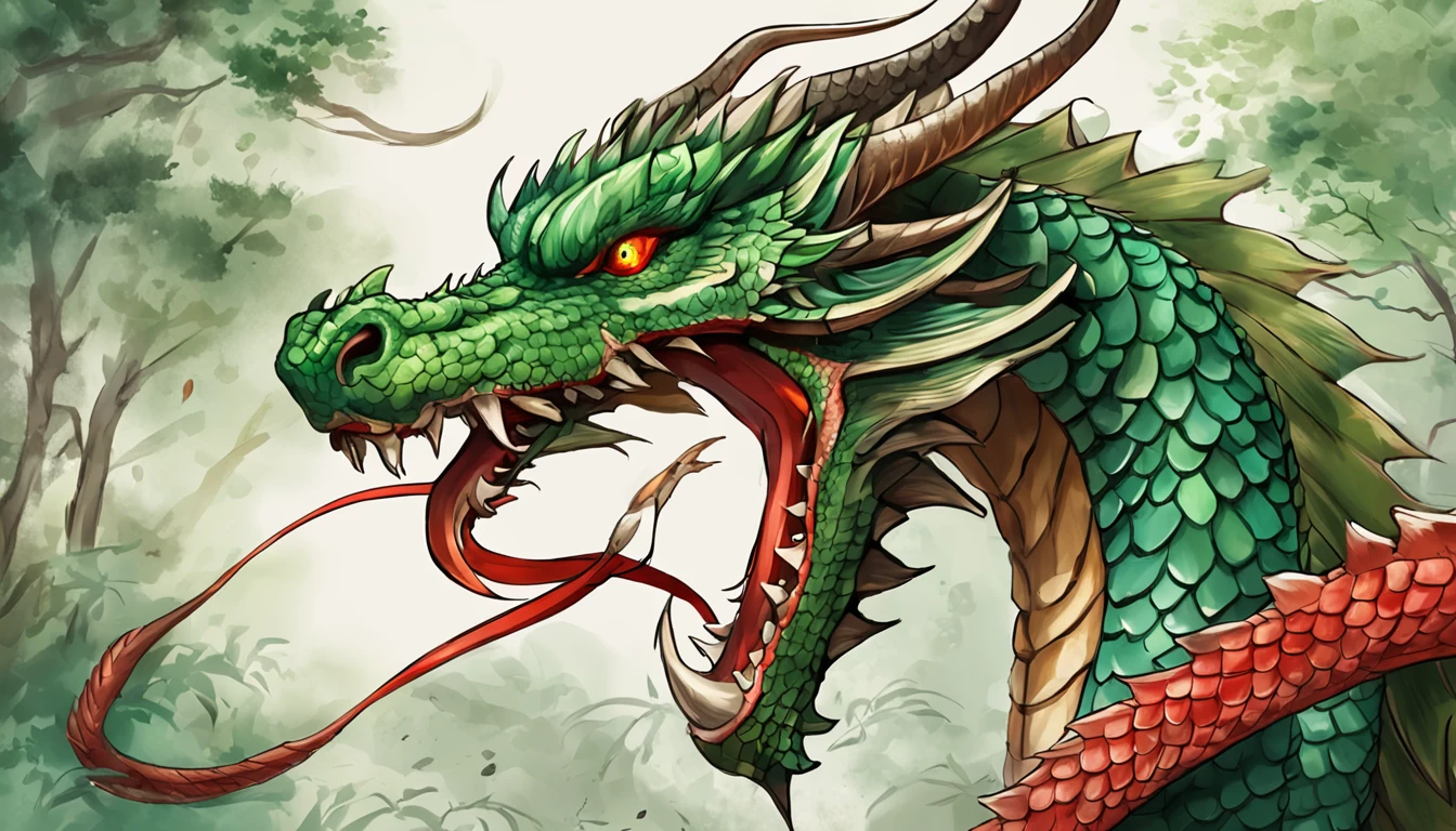 Close-up of a dragon with a long tail and a red tail, Smooth Japan Dragon, Japan Dragon, majestic japanese dragon, green dragon, The dragon, large green dragon, Japan Dragon Concept Art, fire flaming dragon serpent, shenron, lung dragon, ron, dragon with scars, Dragon's Breath Fire, cyan chinese dragon fantasy, massive green dragon!!!