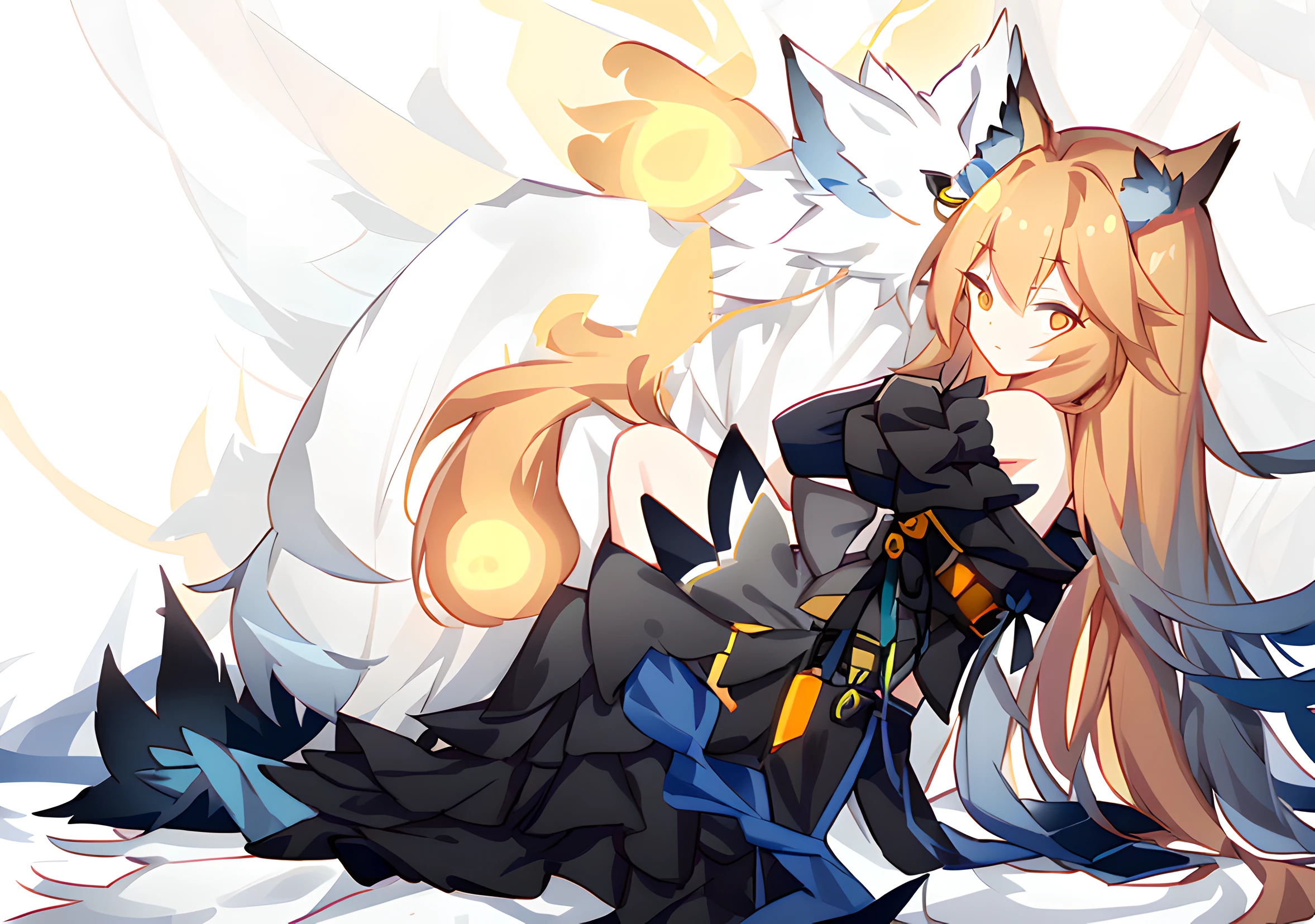 long whitr hair,Long blue dress,Wear a black and blue fluffy skirt,It has yellow fox ears,Orange pupils,Wears knee-length black silk,This is a cute fox girl,Tamamo-mae