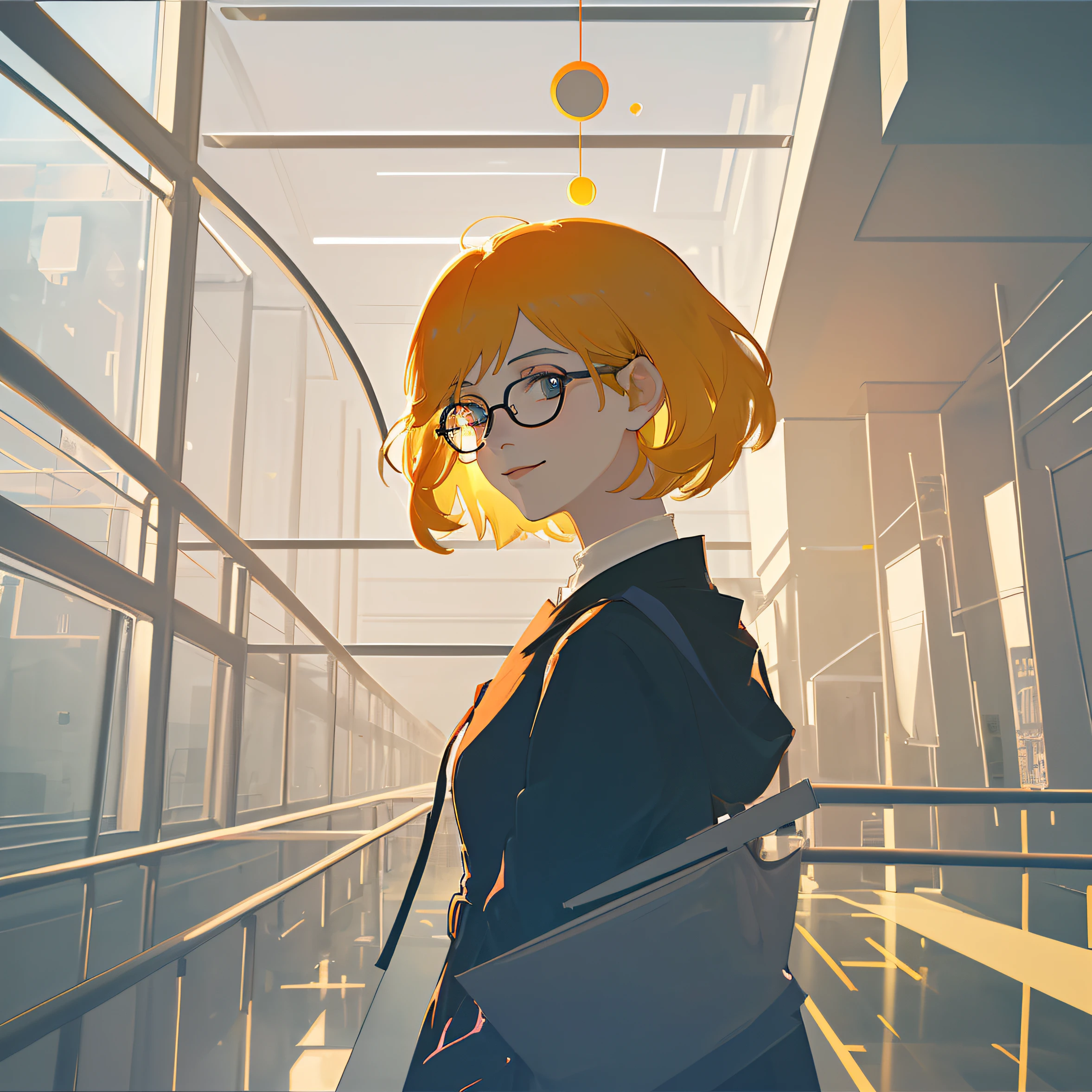 masterpiece, best quality, movie still, 1girl, short hair, tall ,Wear glasses, Romantic (close-up:1.1), bright, happy, fun, soft lighting, (Bauhaus, shapes, lines, abstract:1.1)