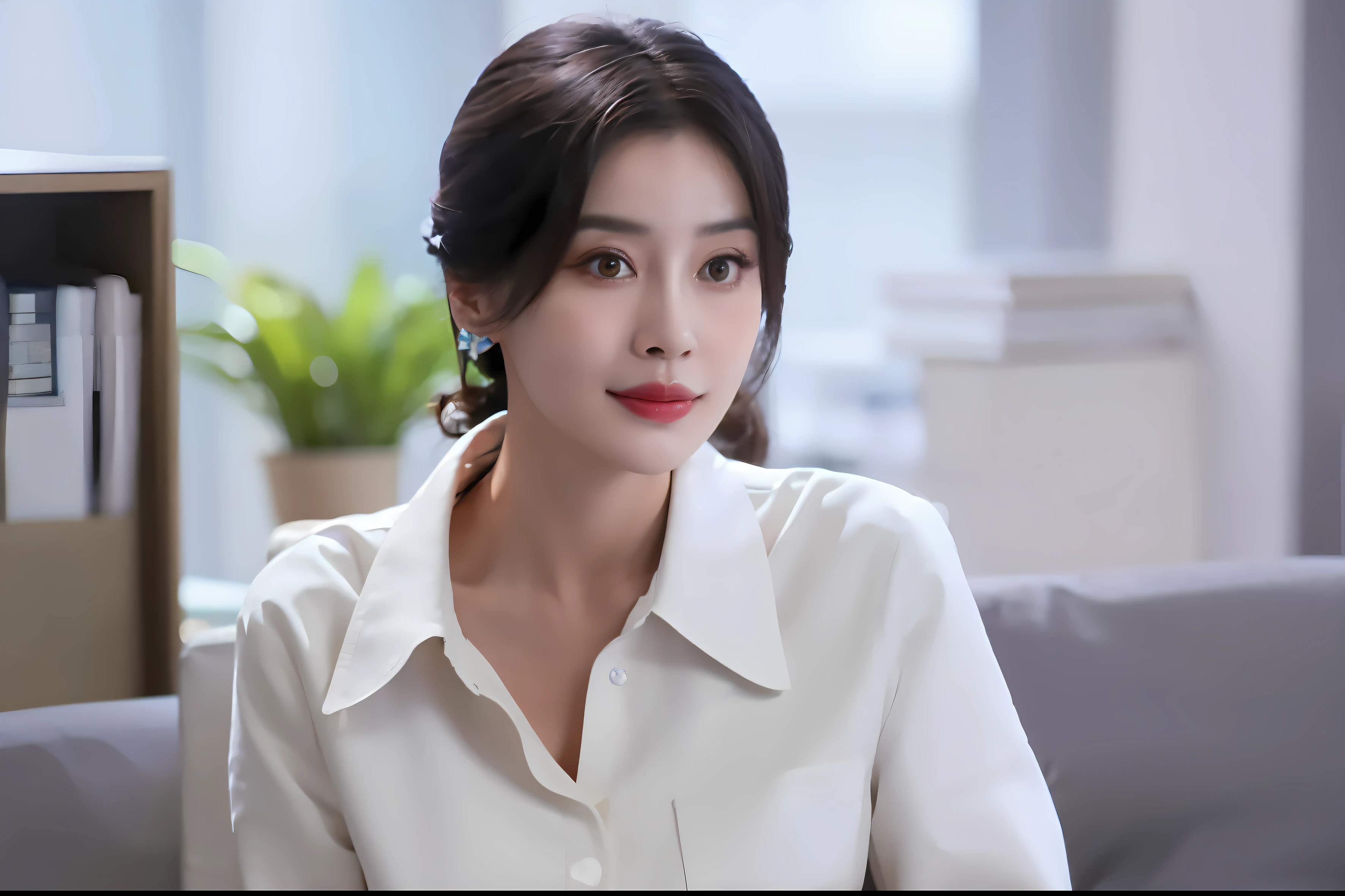Close-up of a woman sitting at her desk holding a laptop, shaxi, Li Zixin, Yun Ling, dilraba dilmurat, Cai Xukun, she has a cute expressive face, Li Bingbing, Lu Ji, jia, xue han, female actress from korea, lulu chen, cute korean actress, wenfei ye, ruan jia beautiful!Pop out breast 2.8