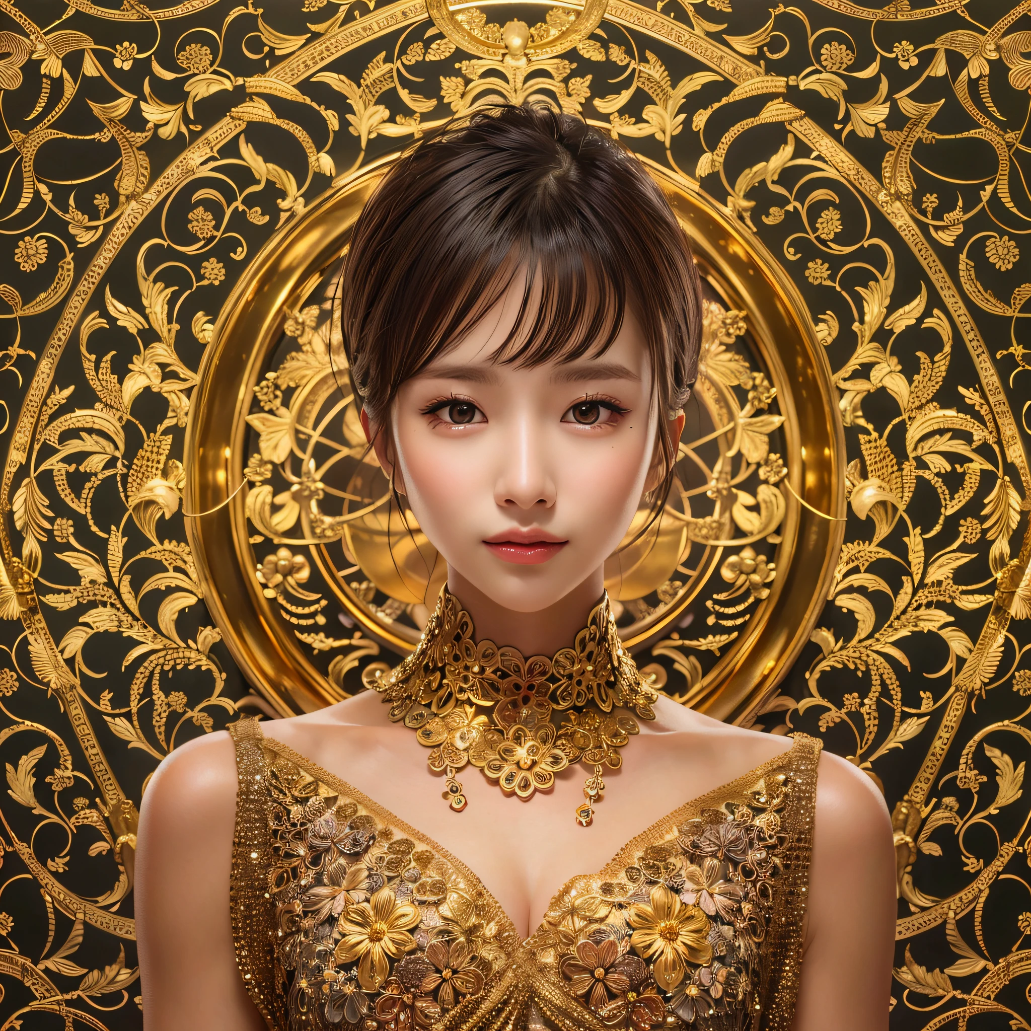 (Background, symmetrical, Compositions with gold geometric arabesque patterns):1.3, (high shadows detail), (short hair, dark brown hair),  best quality, masterpiece, ultra high res, (photorealistic:1.3), RAW photo, (1woman:1.3, solo), (asian girl, ultra delicate face, ultra delicate eyes, ultra detailed nose, ultra detailed mouth, ultra detailed facial features), BREAK (gold off sholder dress:1.3), (medium breast:1.3), from the front side, (shiny skin), Show cleavage, pan focus, a smile:0.9