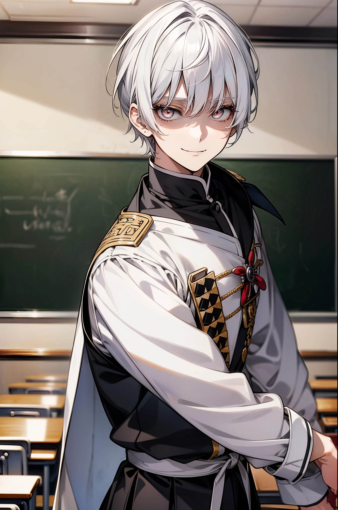 solo, ((anime boy white hair with silver eyes)), (bangs), (cool), (confident smile), (((traditional black school uniform))), ((classroom in background)), ((high quality)), (((extremely detailed)))