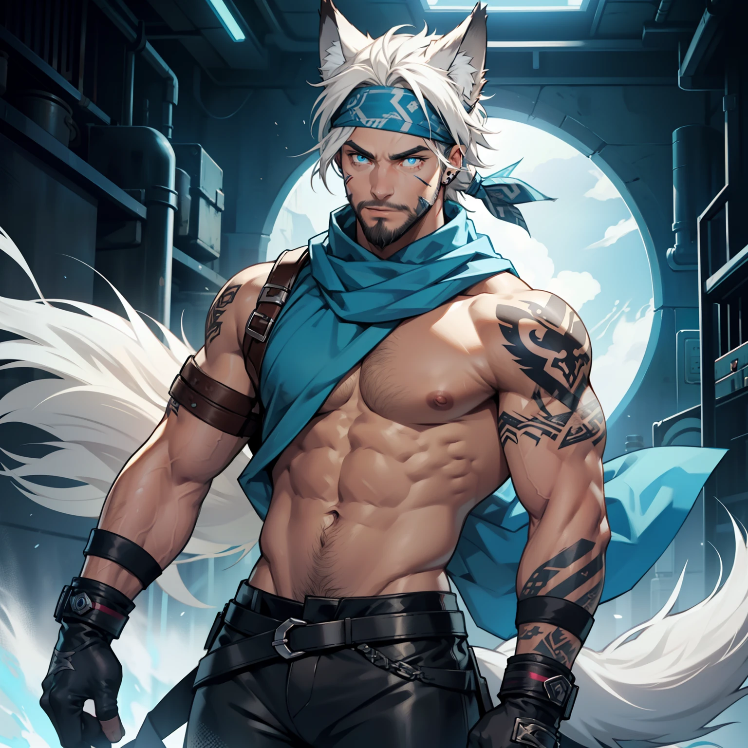 muscular male with short beard, has long flowing white hair, has wolf ears, has wolf tail, shirtless, wearing punk leather pants, solo, alone, has glowing blue eyes, covered in tribal tattoos, wearing bandana wrist bands, wearing fngerless gloves