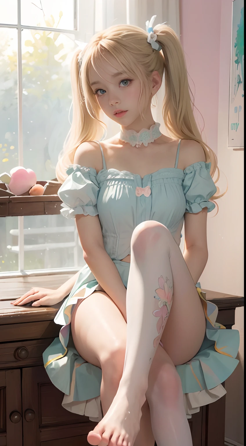 Unbeatable masterpiece, Ultra photo realsisim, Perfect artwork, Intricate details, Best quality, Strong light,High contrast, (Masterpiece , Best quality:1.2) , (ultradetailed) , (Pastel color:1.5) , (cute illustration:1.5) , (aquarelle:1.2) , 1girll , No shoes , White pantyhose , Blonde hair , long whitr hair , Yellow and white skirts ,Sitting , perfect foot,perfect hand , (Foot focus:1.3) ,(sole:1.2) , Low Twin Tails , Moderate chest