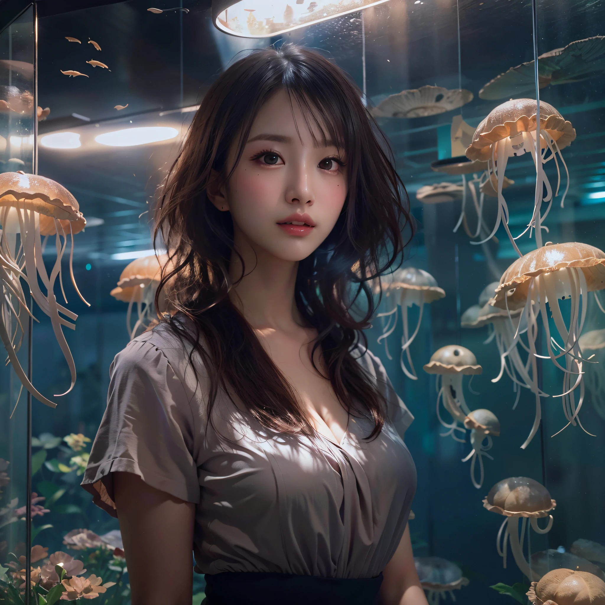 (Background, There are many jellyfish lit up in the tank):1.5, (Standing in front of the aquarium located behind), (high shadows detail), (short hair, dark brown hair),  best quality, masterpiece, ultra high res, (photorealistic:1.3), RAW photo, (1woman:1.3, solo), (Woman looking at the aquarium), (asian girl, ultra delicate face, ultra delicate eyes, ultra detailed nose, ultra detailed mouth, ultra detailed facial features), BREAK (Ruffled blouse with white collar, Black pencil skirt), (medium breast:1.3), from the front side, (shiny skin),  (Sony α7, 85mm Lens, f9.0, pan focus), facing front