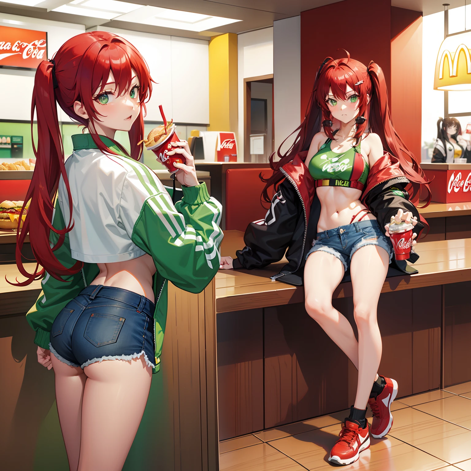 Full body shot, female asian Irina Shidou red hair twintails green eyes, in a McDonald's restaurant, wearing a bomber jacket and crop top and denim shorts, eating a cheeseburger and drinking a Coca-Cola, side shot, back shot, shot from backside, behind shot, masterpiece, highly detailed