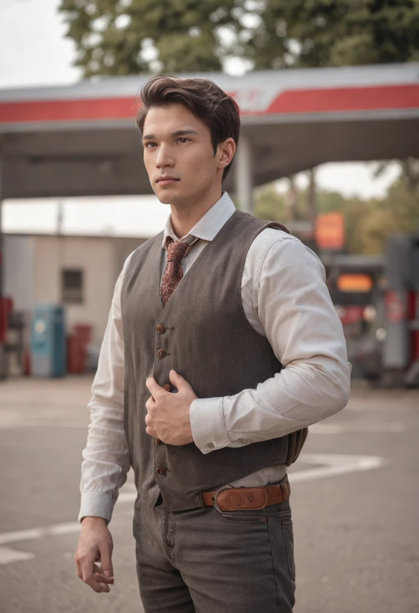 Man standing in front of a gas station.