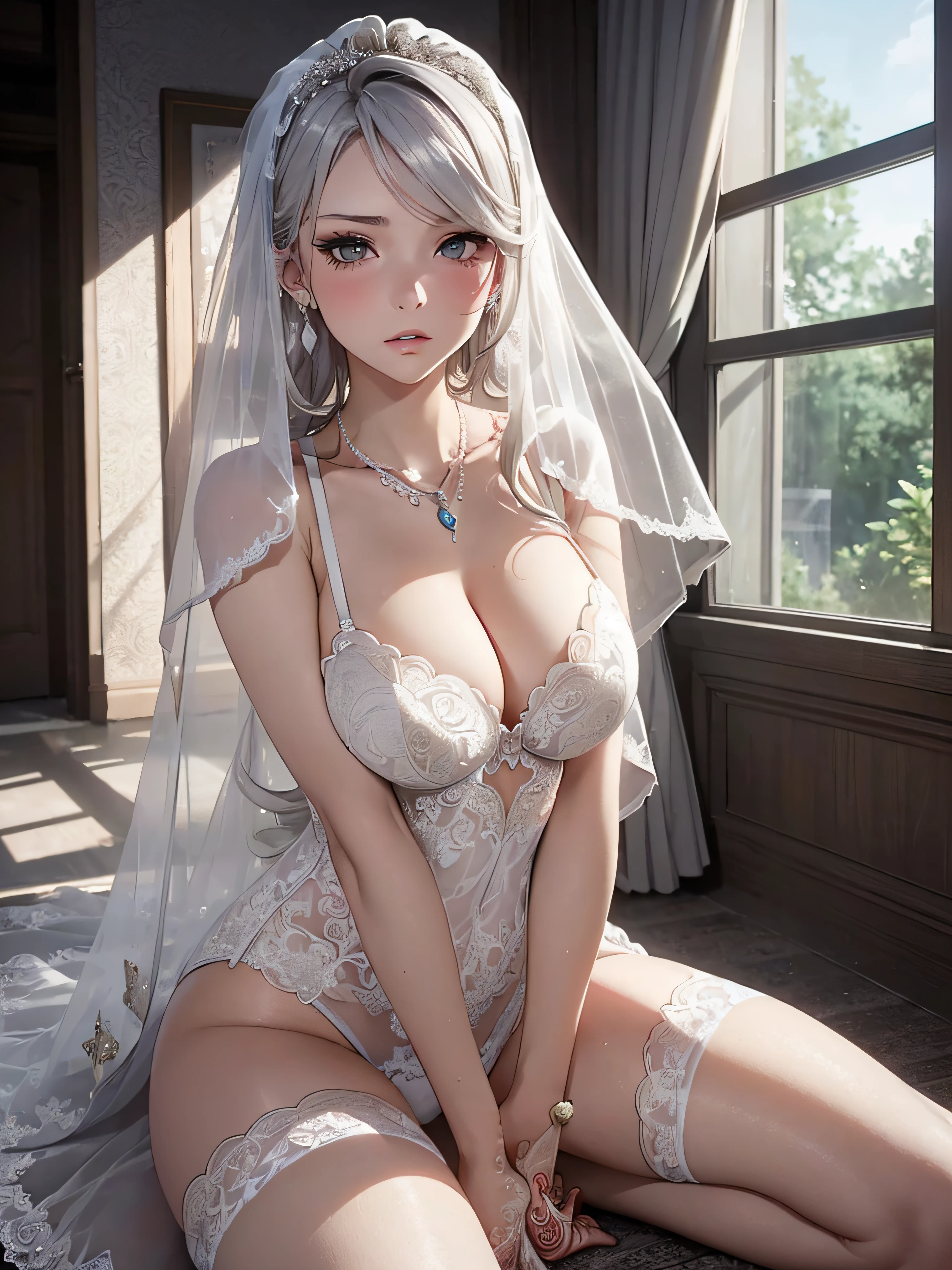 (masutepiece: 1.3), (max resolution: 1.2), (Ultra HDTV: 1.2), cinematric light, 8K resolution, Detailed eyes and skin, detailed facial features, , (Sharp Focus: 1.2), (Focus on Face:1.2),Perfect Style, Beautiful face, acurate, Anatomically correct, Highly detailed face and skin texture, Detailed eyes, Double eyelids, Thin eyebrows, Glitter Eyeliner: 1 Natural cheeks, Glossy skin, Fair skin: 1.2, (Glossy lips: 1.4),、 (Shy look: 1.2),Highly detailed facial and skin texture, Detailed eyes, Double eyelids, Natural cheeks, , shiny lips: 1.4,Exposed cleavage、(A large amount of sperm in the chest:1.4)(Large amount of sperm in the thighs:1.2)、 red blush、humiliated、impatience、dismay、Frightened、glares、Sexually arousal、embarrassed from、Open knees、open one's legs、rub one's breasts、(Masturbation behavior:1.6)、touches crotch、White underwear、White bra、Shiny little earrings and necklaces、Disheveled clothes、Dressing、Exposed panties、Wearing sweat、Sheer underwear、Full body like、 28 year old, Neat and clean woman , upturned breasts,Sitting on the floor,chies、Blue-gray eyes,(weddingdress:1.6)、veils、White-silver hair、long、