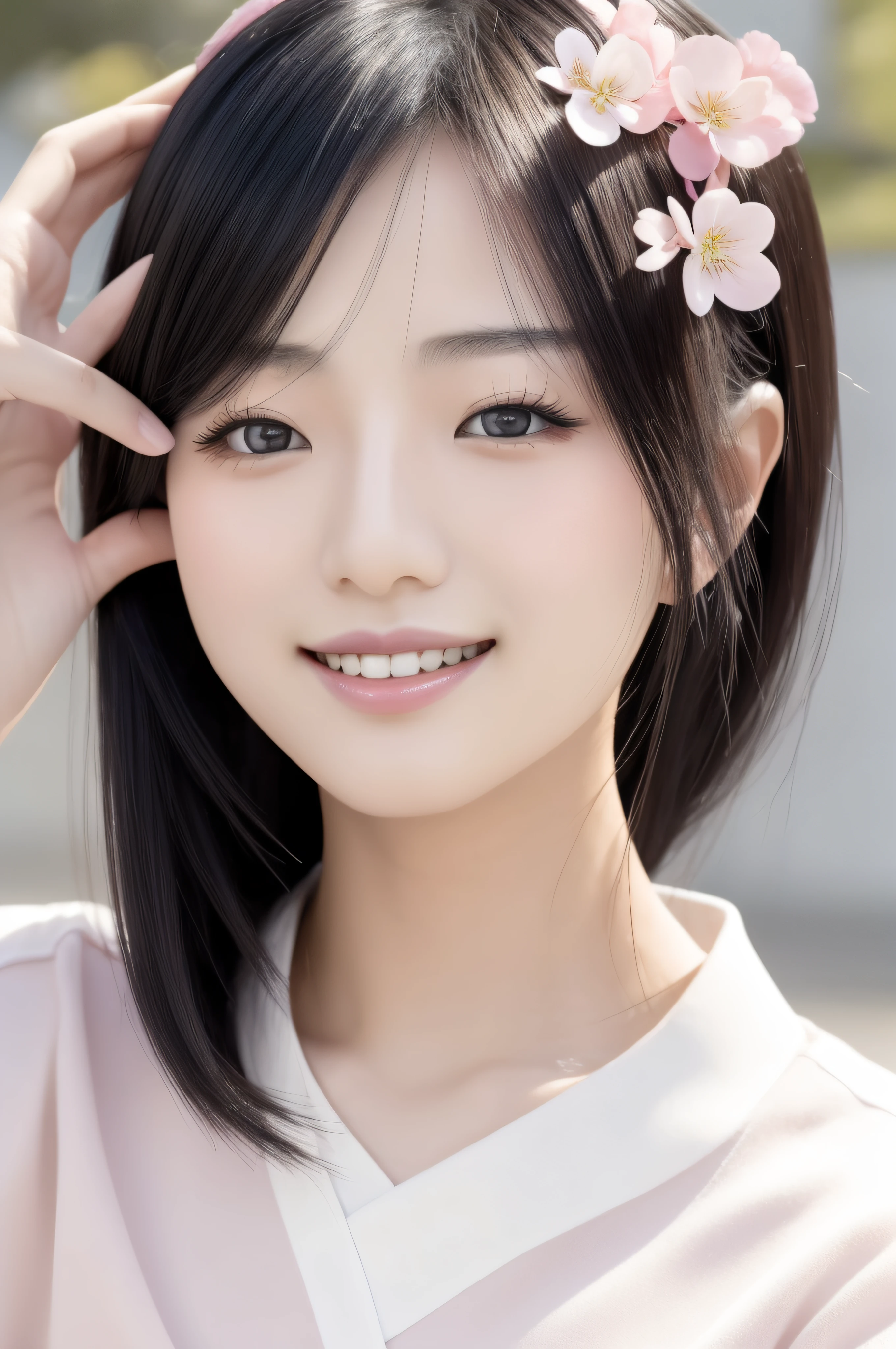 One Japan woman。Beautiful neat 20s with black hair。a smile。Beautiful young woman model。Wears a white shirt。Close-up portrait。The beauty of healthy facial skin care。Skin Care Cosmetics。Light pink background。