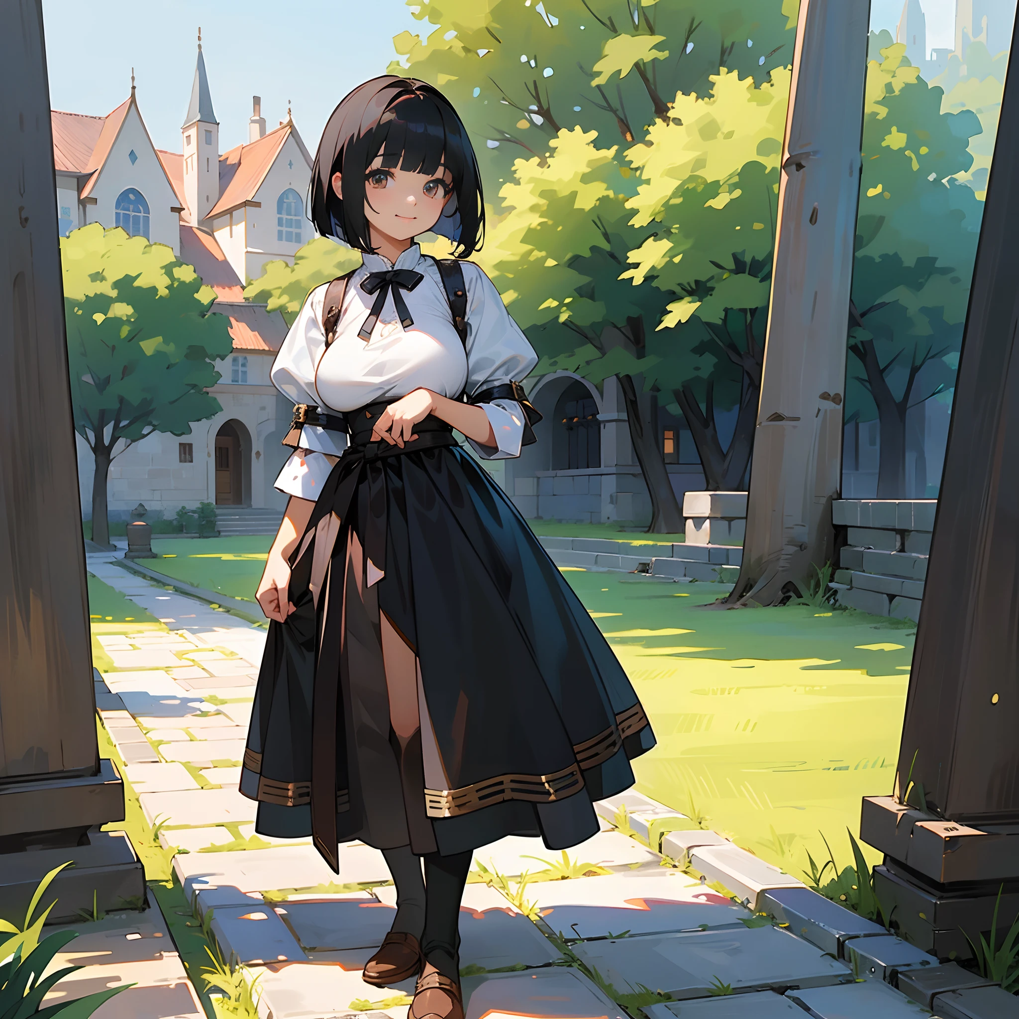 With the best image quality、Teenage girl standing alone outdoors。In high resolution、Beautiful fine details、tranquil atmosphere。((Black Hair Bob Hair))、Cute smile。(((breasts are large)))、I don't have anything in my hands、realistic hand、Medieval European national costume with short sleeves、Medieval European Streets、Leather shoes。