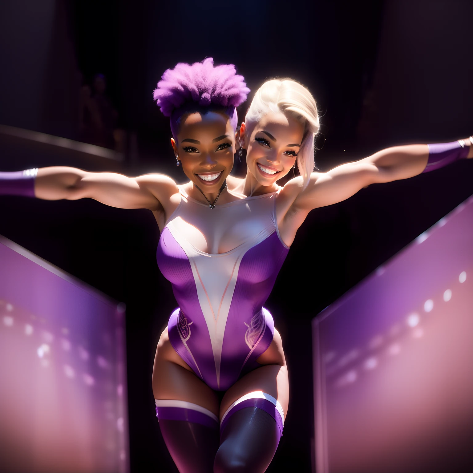 ((2heads)),1girl, Canadian, African American, blonde, purple hair, wearing a skin tight ballet tights, ballet pose, on a stage, smiling gracefully