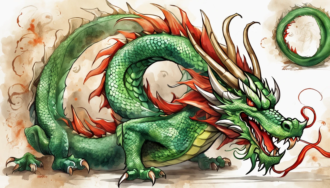 Close-up of a dragon with a long tail and a red tail, Smooth Japan Dragon, Japan Dragon, majestic japanese dragon, green dragon, The dragon, large green dragon, Japan Dragon Concept Art, fire flaming dragon serpent, shenron, lung dragon, ron, dragon with scars, Dragon's Breath Fire, cyan chinese dragon fantasy, massive green dragon!!!