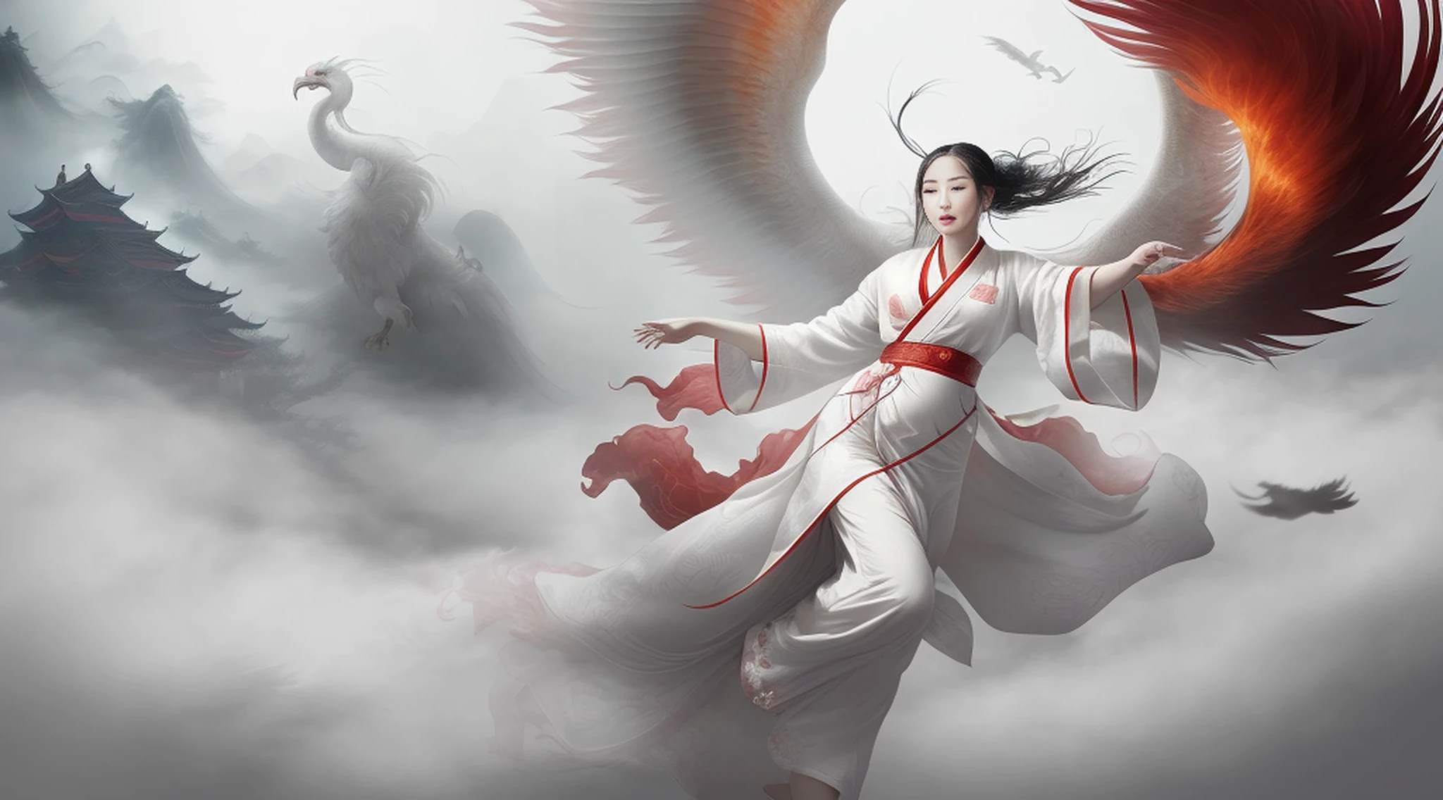 1 girl,(white Chinese robe),
In a captivating scene, a beautiful woman adorned in a flowing white Chinese robe soars through the misty clouds on the back of a majestic Chinese phoenix. The wind gently lifts her robe, accentuating the sense of flight as they gracefully navigate the ethereal cloudscape.