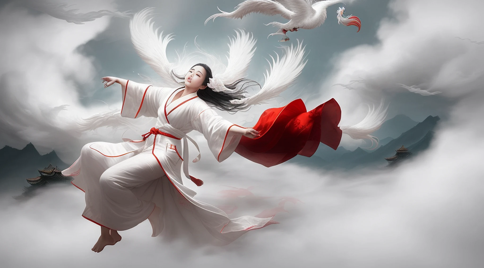 1 girl,(white Chinese robe),
In a captivating scene, a beautiful woman adorned in a flowing white Chinese robe soars through the misty clouds on the back of a majestic Chinese phoenix. The wind gently lifts her robe, accentuating the sense of flight as they gracefully navigate the ethereal cloudscape.