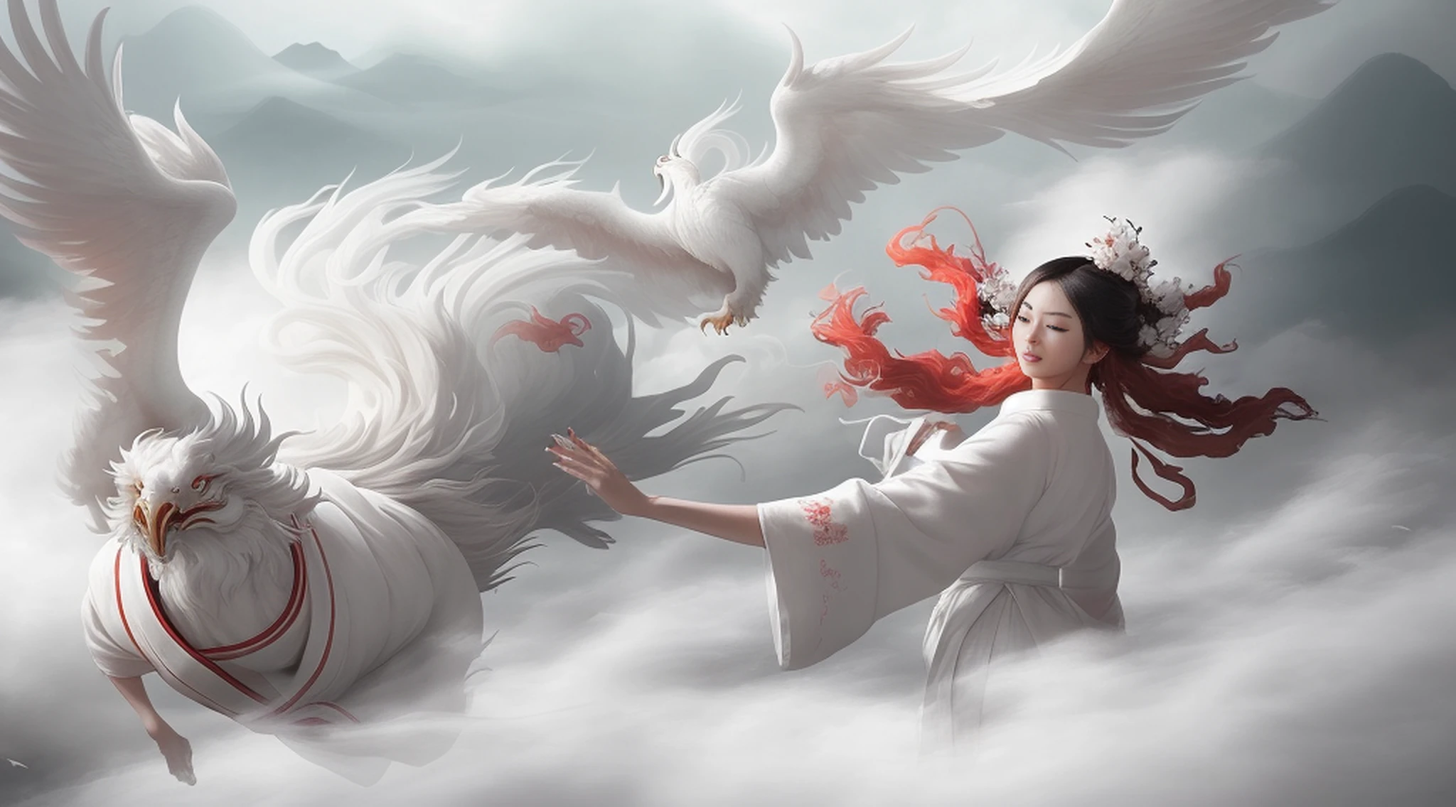 1 girl,(white Chinese robe),
In a captivating scene, a beautiful woman adorned in a flowing white Chinese robe soars through the misty clouds on the back of a majestic Chinese phoenix. The wind gently lifts her robe, accentuating the sense of flight as they gracefully navigate the ethereal cloudscape.