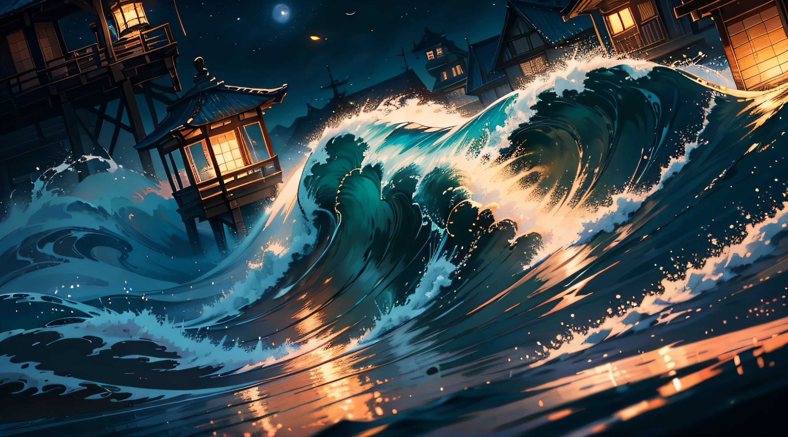 Real photo, Boating on the river in the Mid-Autumn Festival night with the bright moon above and the galaxy shining brightly on the horizon, the art of horizon perspective harmonizes with boats and many flying-lanterns on the river creating a real feeling. magical feeling, evocative, anime style, contemporary art, ink splash effect: white orange blue, fireflies, 16k resolution, scene detail, water wave detail, sparkle, masterpiece , cinematic effects, standard focus, optimal lighting details, gentle water wave effect on the river surface.