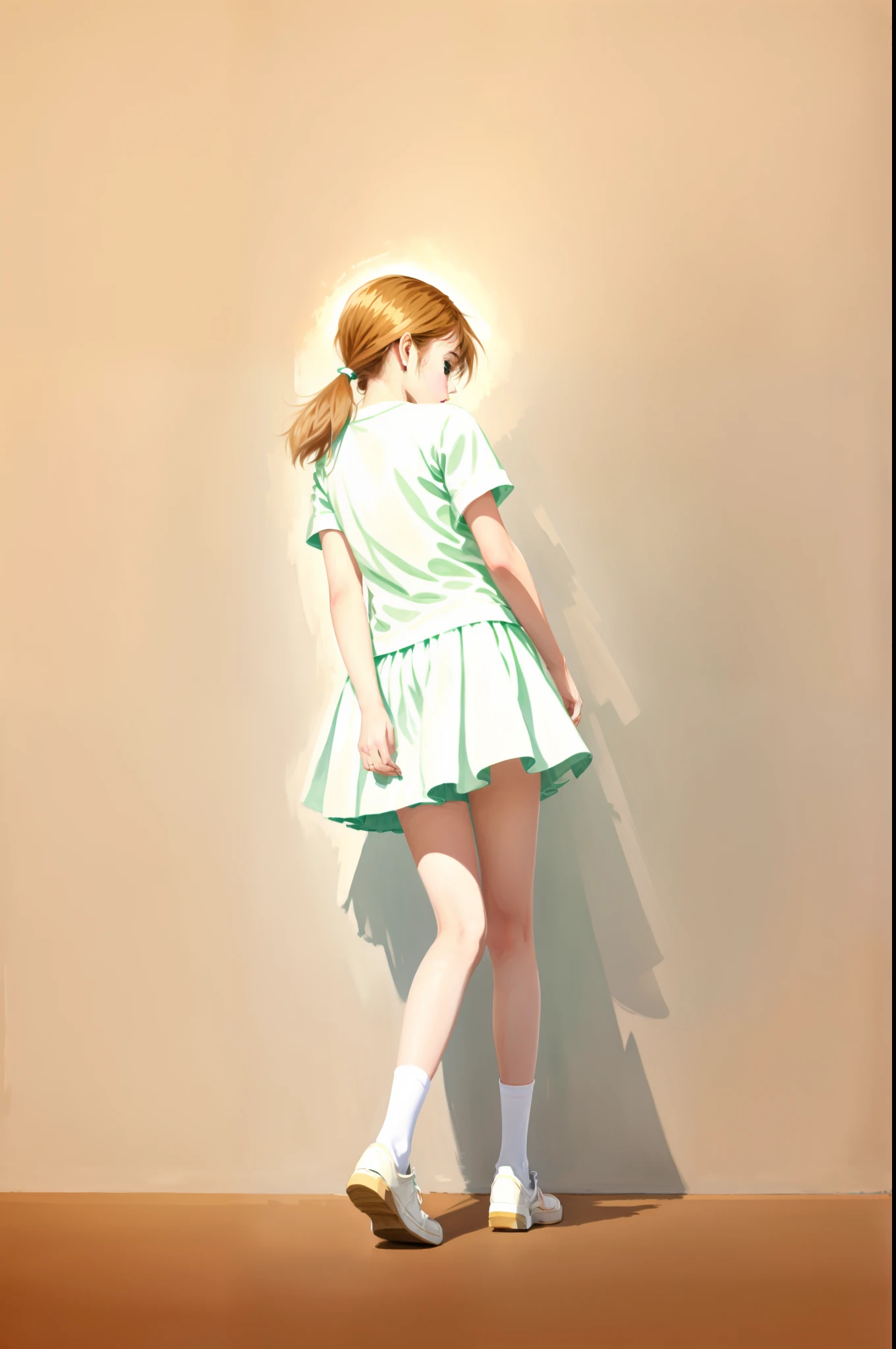 High quality 2D painting style,The background is clean,age girl in white pantyhose