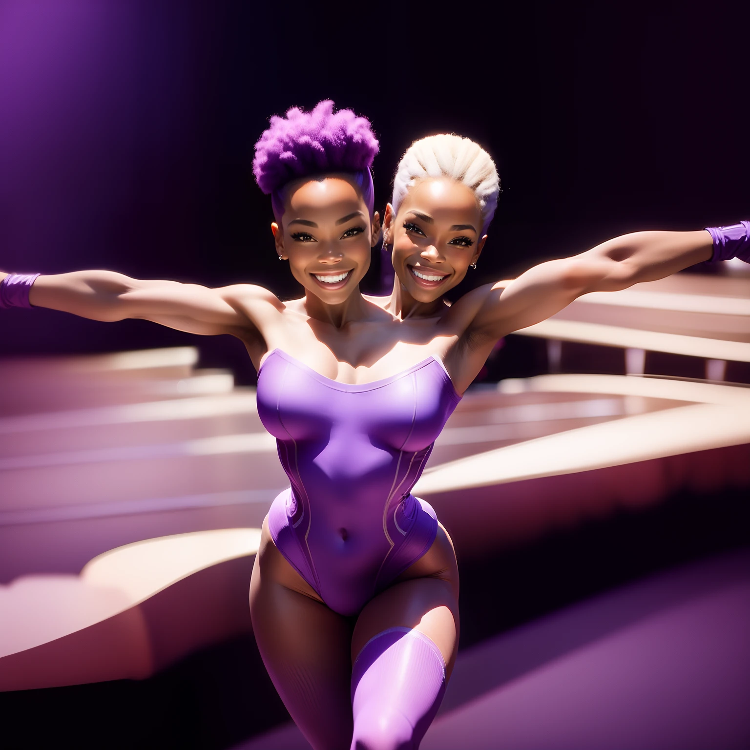 ((2heads)),1girl, Canadian, African American, blonde, purple hair, wearing a skin tight ballet tights, ballet pose, on a stage, smiling gracefully