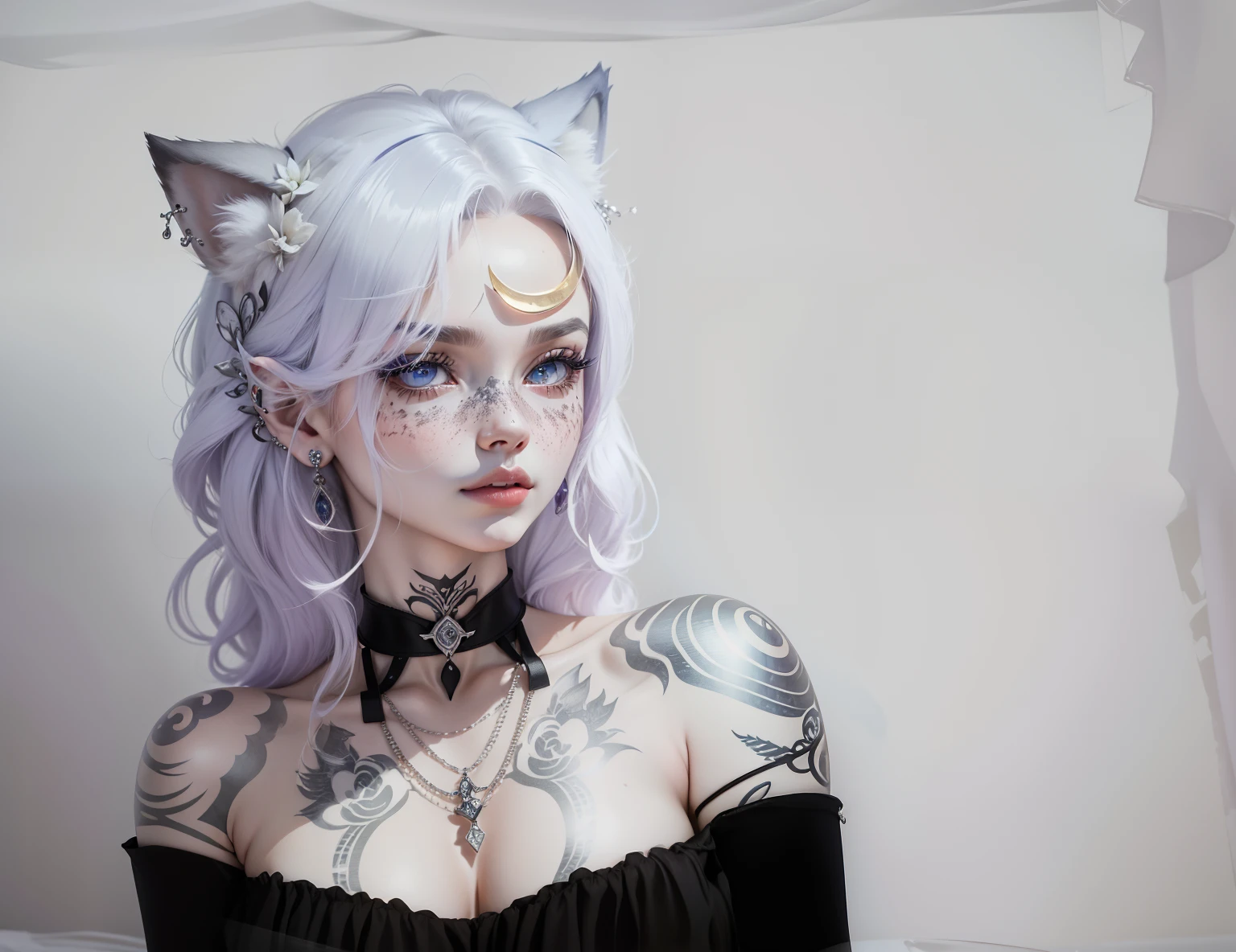 (Anthropomorphic wolf cute cub) orelhas de lobo,com um corce preta, um olho azul e outro branco , heterocromia nos olhos ,cabelo platinado  curto cacheados com pontas roxas,bad girl, Moon birthmark on forehead 🌕🌙, Hibrido,jovem, retrato, busto, postura de frente para a camera, Cartoon, vestido como  uma vesater roqueira metaleira dos anos 80 obra prima, postura de confiante, youtuber, fleshy lips , piercings no nariz e nas orelhas de lobo, tatuagens pelo corpo, tattoo de lua 🌙 acima dos seios,asas de anjo negro nas costas, e coleira , dark purple choker on neck, Hand with drag gloves, colares , piercings