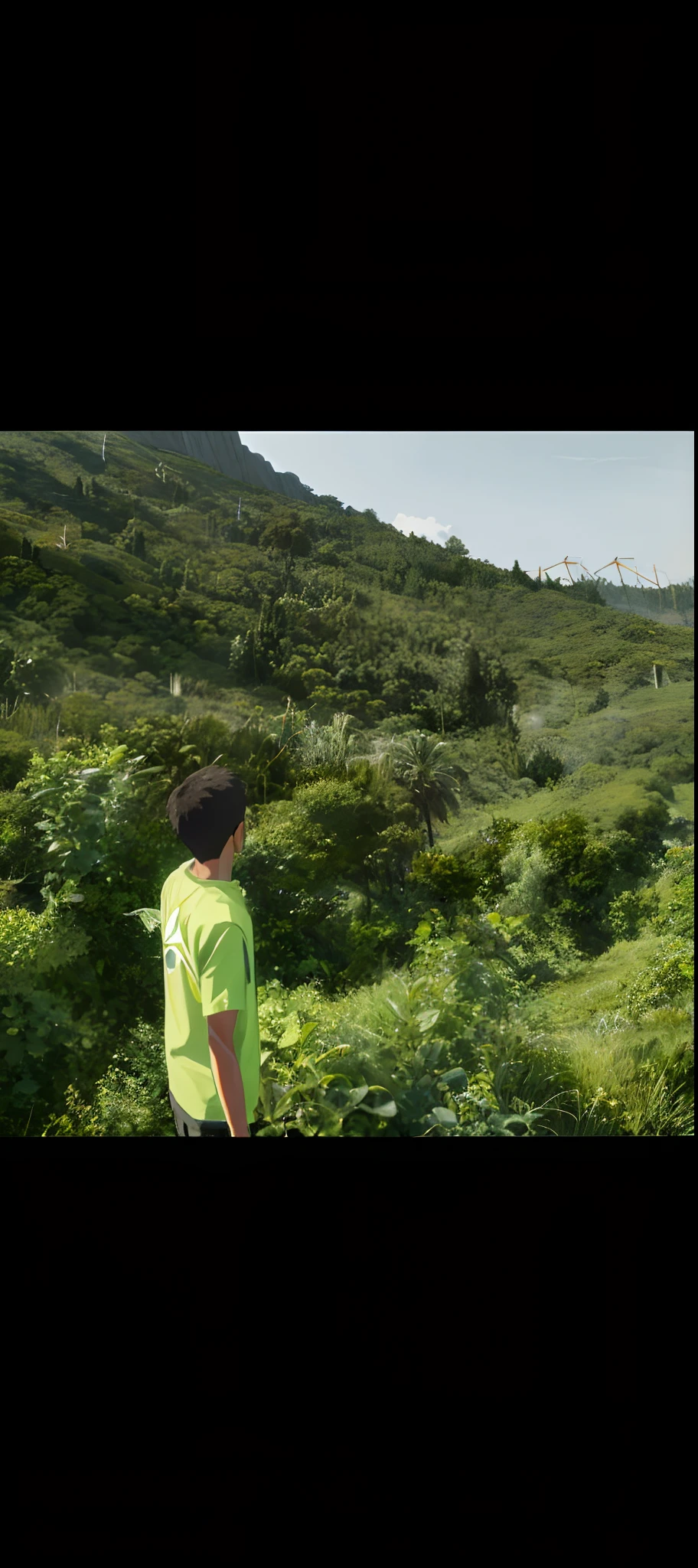 Vast sky, beautiful skyline, large grasslands, intense and dramatic pictures, moving visuals, hanging north stars, colorful natural light. Shirt slacks, back backpack boy