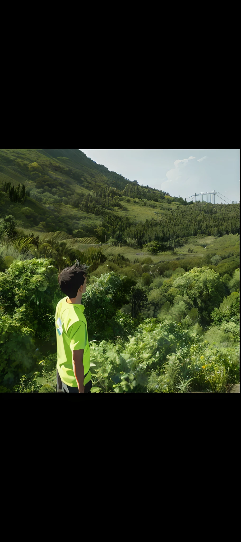 Vast sky, beautiful skyline, large grasslands, intense and dramatic pictures, moving visuals, hanging north stars, colorful natural light. Shirt slacks, back backpack boy
