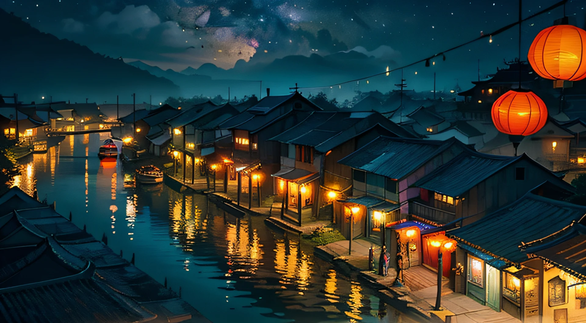 (Epic compositions), (Interesting compositions), (Ink paintings), Hoi An ancient town in the vibrant Mid-Autumn Festival, with scattered buildings, clear sky and visible galaxies, flying lanterns fluttering overhead and the riverbank was brightly lit. Fairy cinema light, (oblique shot), (telephoto), (panoramic)