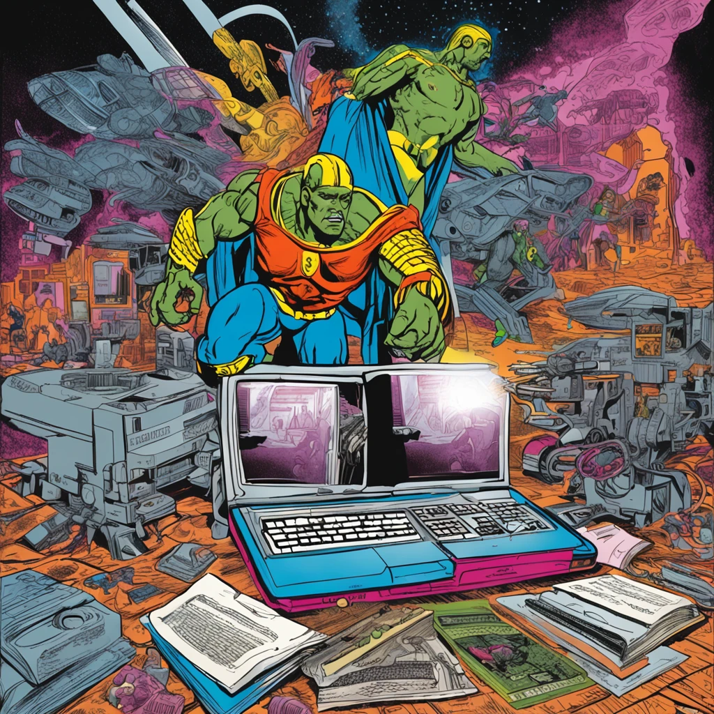 Advanced technology, such as the Pegasus laptop, is able to combine the physical world and the digital world, comic book illustration by jack kirby