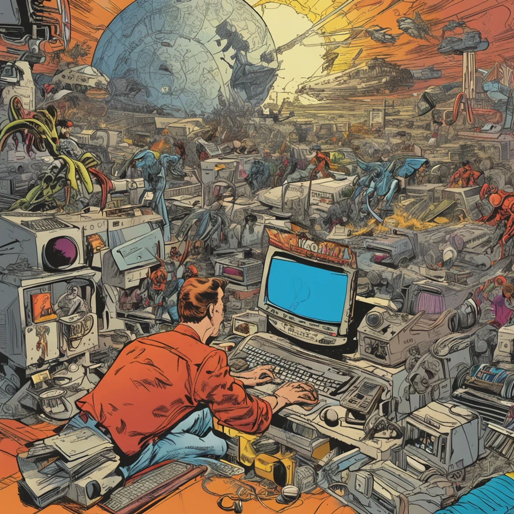 Advanced technology, such as the Pegasus laptop, is able to combine the physical world and the digital world, comic book illustration by jack kirby