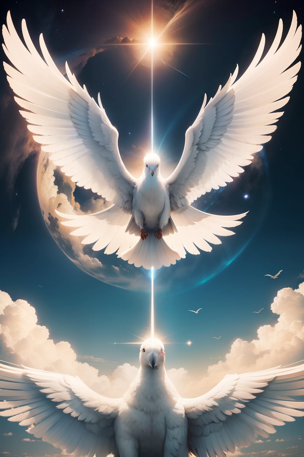 a white dove flying in the sky with a bright light coming out of it, pomba branca, holy spirit, ophanim has bird wings, pombas voando no portal, onde, em paz, pombas, majestosas asas de pomba grande, she is arriving heaven, beautiful image ever created, Luz Celestial, background is celestial, papel de parede hd, celestial, heaven on earth, in sky, pegue a chave, lua bela, fora, noite linda